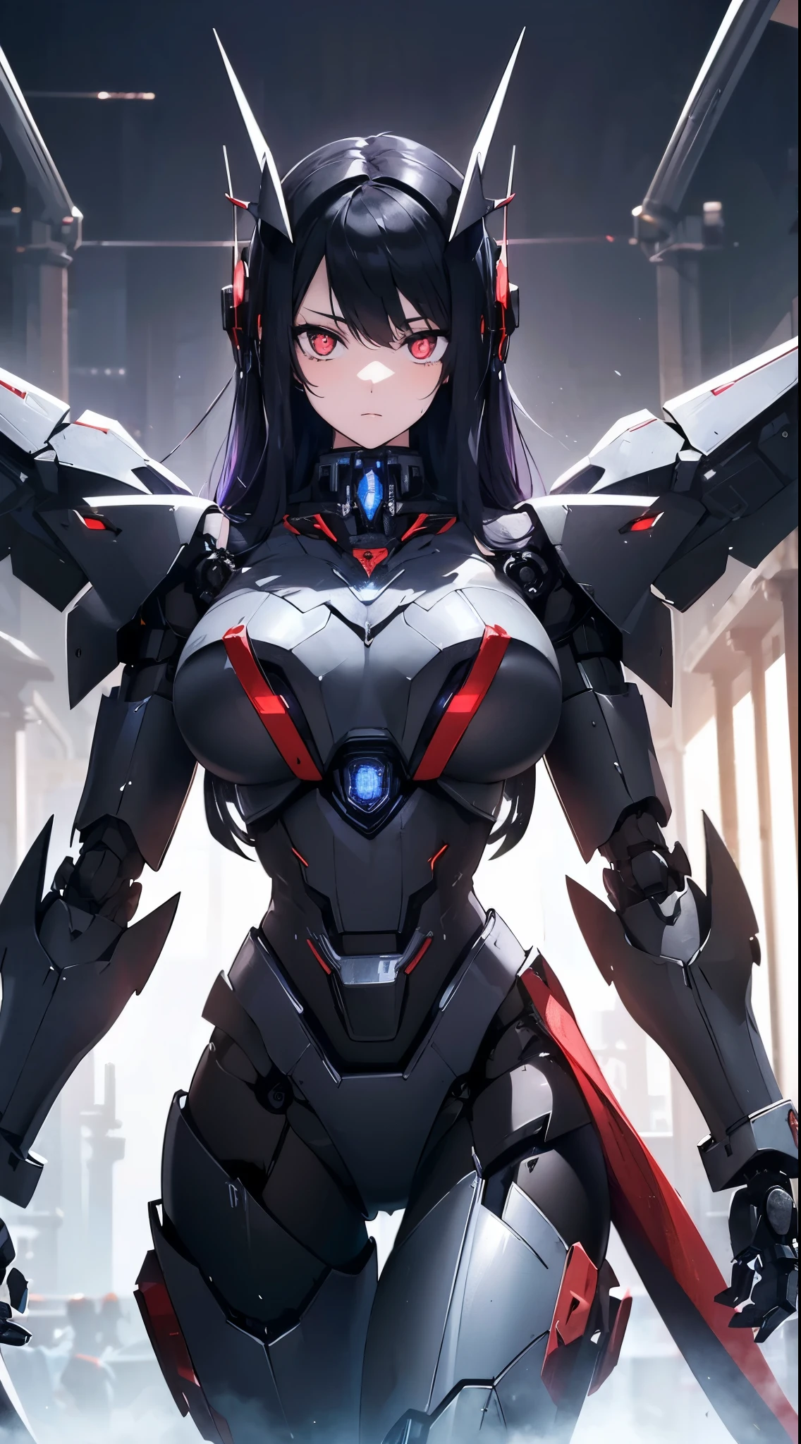 Machine eyes glowing red、Expressionless