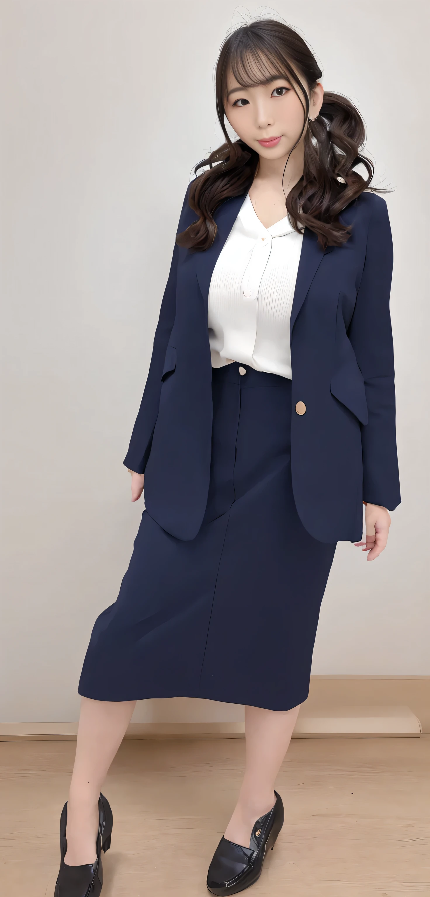 Japanese ID, Mature Woman, ((Chubby round face around 30 years old)), Wavy black hair with no bangs, Long Hair:1.65, Big twin ponytail:1.79, Flashy makeup, Fuller lips, Sexy Gaze, Cute Uniform, ((dressing)), looking at the camera, Low angle shooting, Cute duck lips,((Very accurate and correct ???????)), (masterpiece:1.3), Perfect balance, Realistic photos, Full Shot, whole body, ((height: 178cm)), High heels, loafers, (2 Foot, Two Arms), ((Panty shot)),Big Breasts:1.95