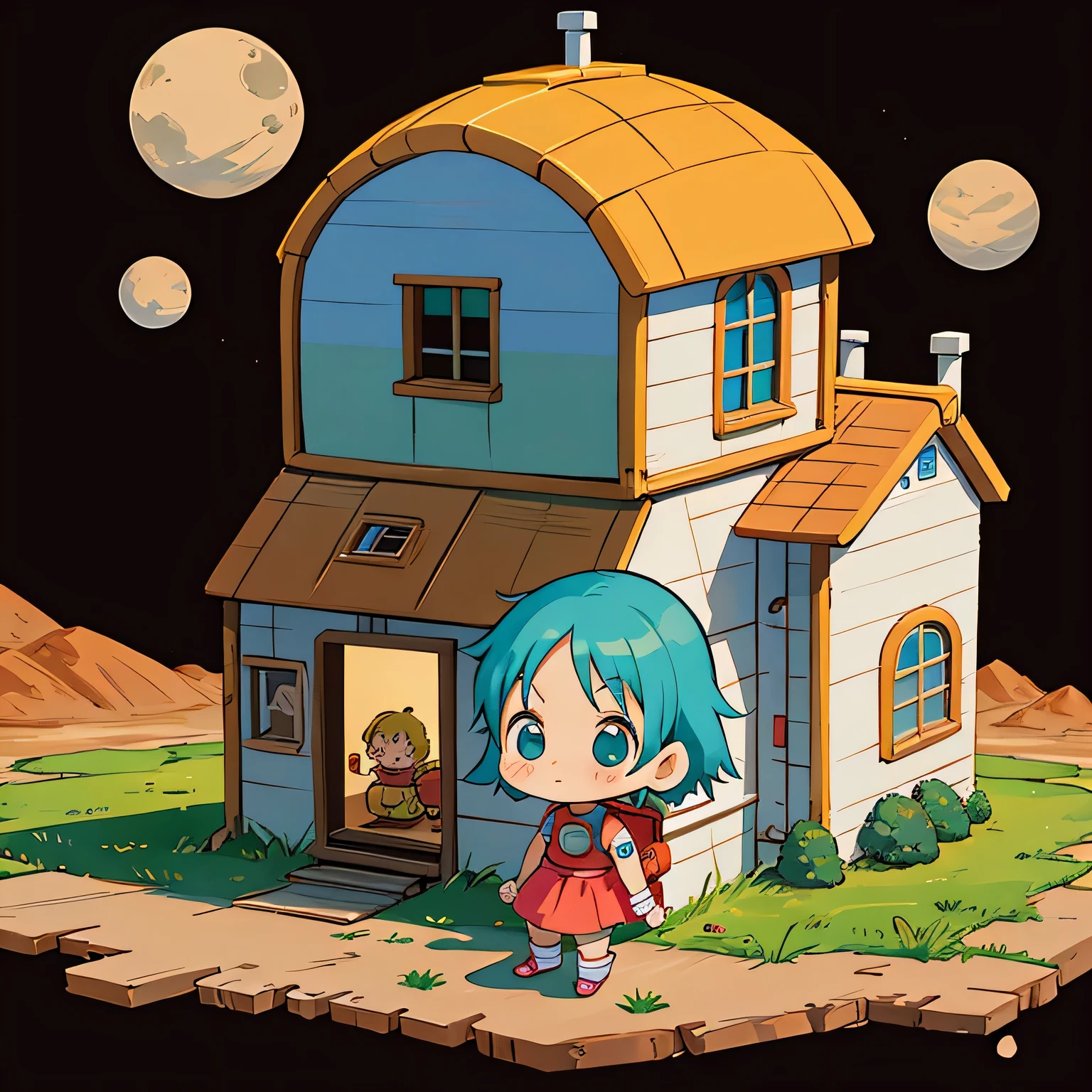 Akira Toriyama style, Kawaii Design, The most beautiful girl of all time, chibi、House on Mars