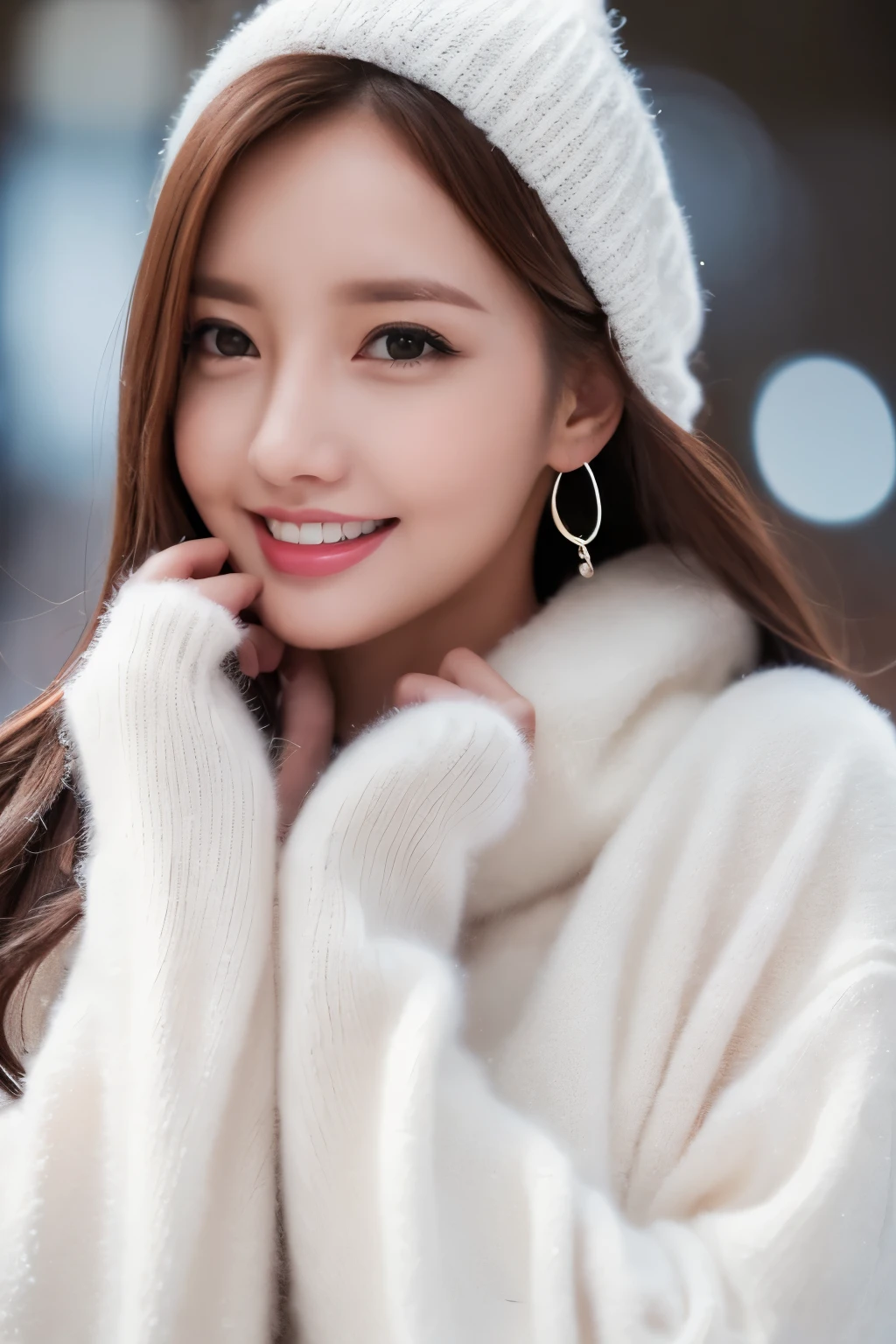 1girl in, (Wearing a white coat:1.2), (Raw photo, Best Quality), (Realistic, Photorealsitic:1.4), master piece, close up,Extremely delicate and beautiful, Extremely detailed, 2k wallpaper, amazing,((smiling)),((white sweater)) ,finely detail, the Extremely Detailed CG Unity 8K Wallpapers, Ultra-detailed, hight resolution, Soft light, Beautiful detailed girl, extremely detailed eye and face, beautiful detailed nose, Beautiful detailed eyes, Cinematic lighting, Winter Night View, illuminations, Perfect Anatomy, Slender body, ((embrassing face)),((winter)), snowfall,(( hands of viewers on her face)),((mouth opened)),