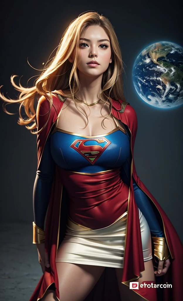 Supergirl in action pose, perfect costume, upturned buttock, long red cape, beautiful legs, traditional hairstyle, blond hair, space in the background 
