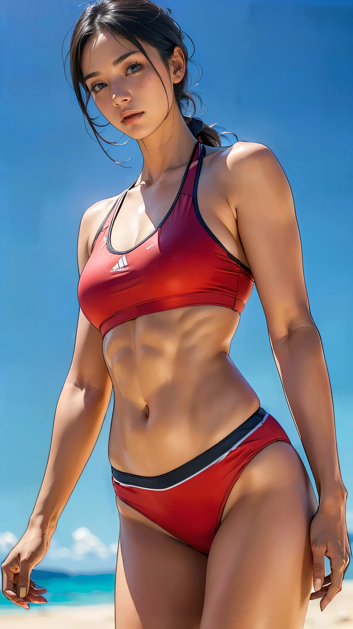 (One Woman),(female beach volley player),(Holding the ball:1.5),(Japanese),(Bikini-style beach volleyball uniform:1.5),(short hair),(Low angle:1.2),(front),(Beautiful Eyes),(Beautiful Face),(Very detailedな顔:1.5),((Very detailedな女性の手:1.5)),(Sunburned skin:1.5),((Muscular:1.5)),(blushing face:1.5),(Thick thighs:1.5),(Well-built:1.5),(Beautiful body:1.5),(Fleshy:1.5),(The background is clear sky:1.5),(((Blur the background:1.5))),(Gentle light:1.5),(Written boundary depth:1.5),BREAK(((masterpiece:1.5),(highest quality:1.5),(Very detailed:1.5),(High resolution:1.5),(Realistic:1.5),(Realistic:1.5))),8k