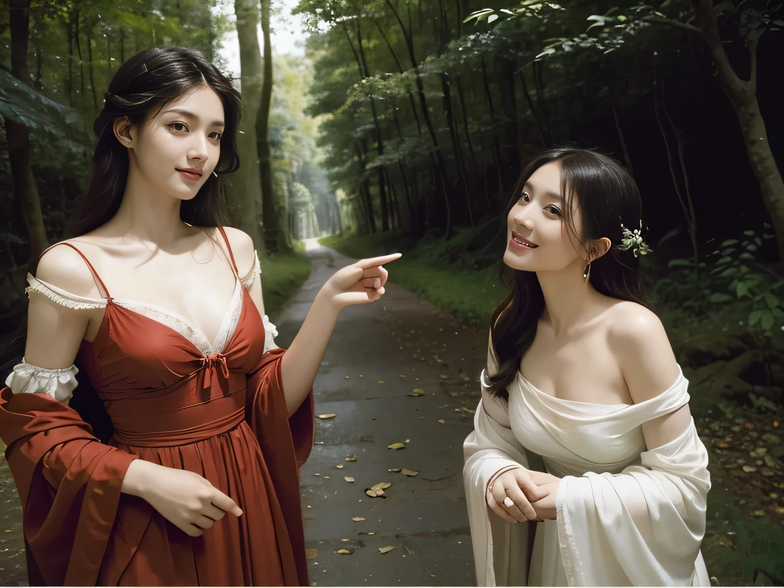 Giorgione painting style,Barbizon forest A beautiful woman in Greek dress smiles on the shore,Sweet and seductive appearance.、Caravaggio's paintings、Chiaroscuro of Caravaggio、hair tousled by the wind,Two women frolicking,cute smile, expression of ecstasy,Sexy,erotic, full body portrait