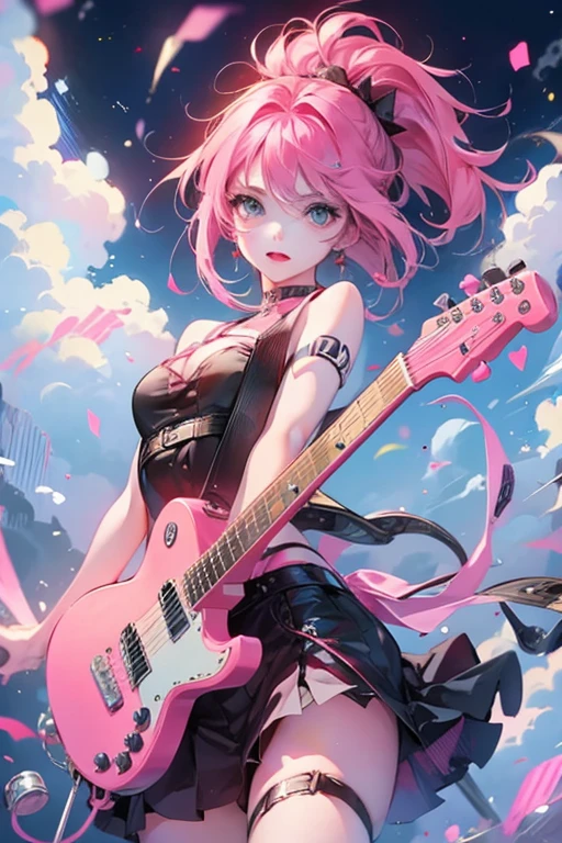 1girl,solo,cute,pink hair,cleavage,mini skirt,she has a guitar