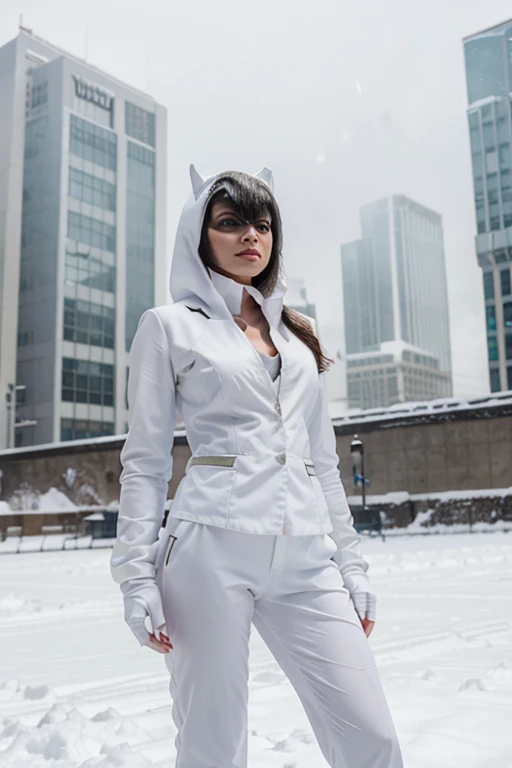 Batwoman in all ((white suit)), background gotham city covered with snow, 64k