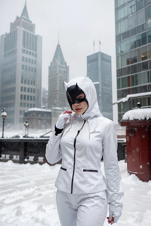 Batwoman in all ((white suit)), background gotham city covered with snow, 64k