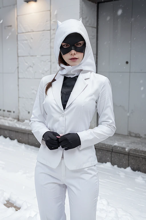 Batwoman in all ((white suit)), background gotham city covered with snow, 64k