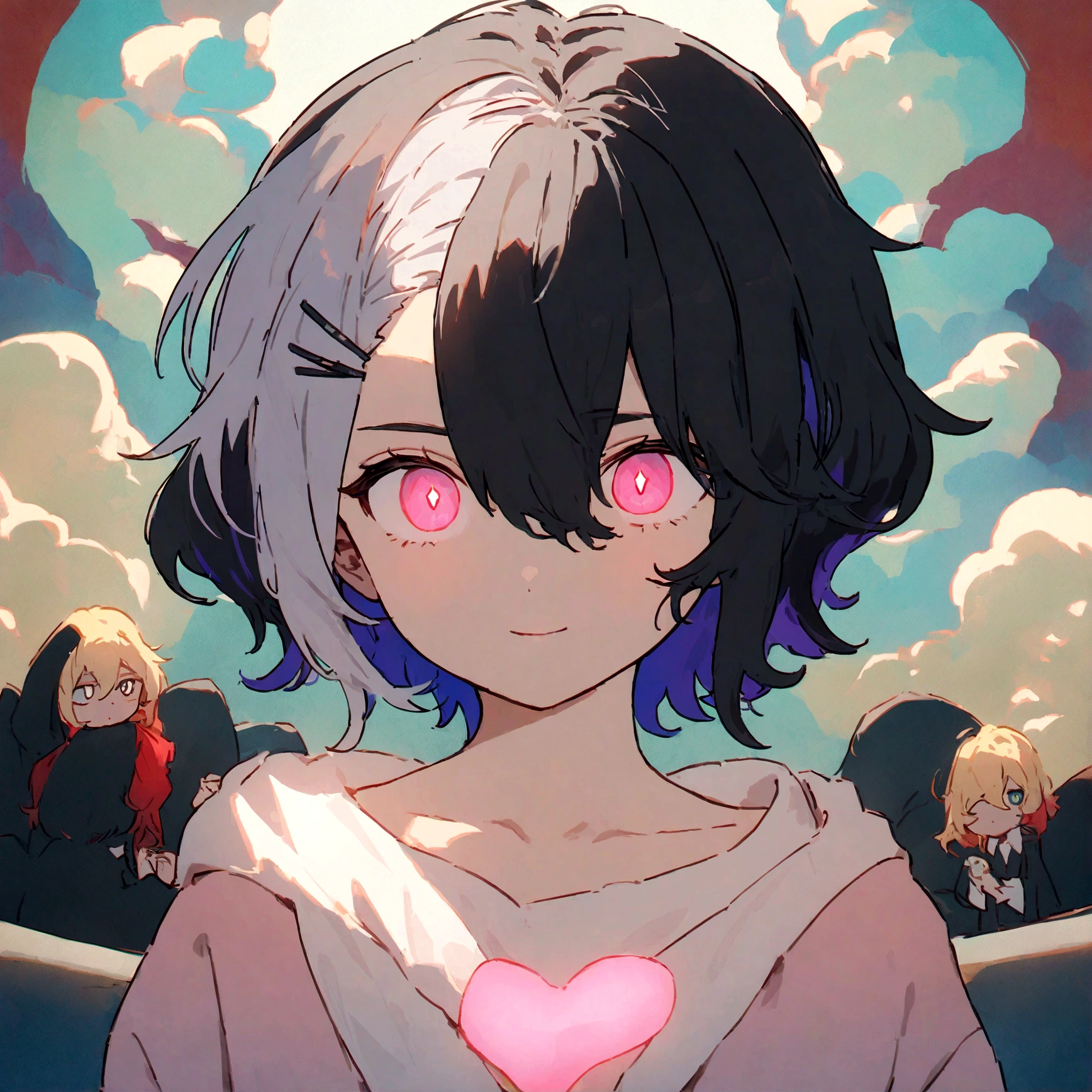 Cheveux noirs, long cils, Light smile, Defense, streaked hair, multicolocheveux roux, colored inner hair, cheveux roux, hairclip, grain de beauté sous les yeux, incompatible students, regard vide, regard vide, dilated pupils, pupilles en forme de coeur, souriant, ombre, anaglyphe, profondeur de champ, flou de mouvement, brightness, peinture sur champ de couleur, Anime style, 8k, Great detail, Best quality, UHD, 8k
