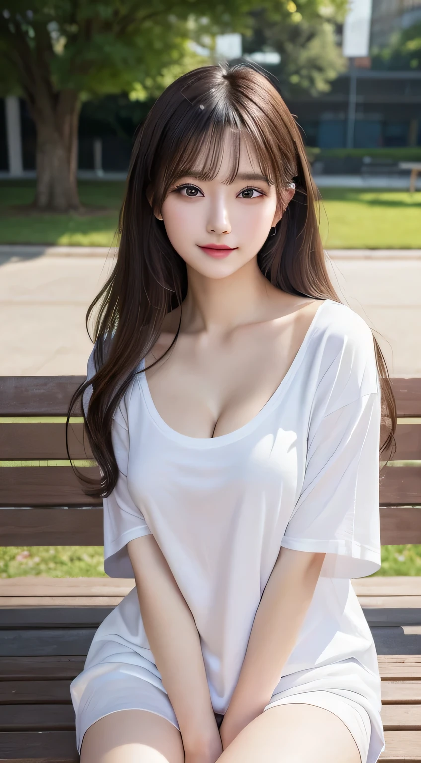 An innocent 20-year-old girl、((oversized white t-shirt,Dramatic Pose)),smile,shortcut,Park Background、RAW Photos, (8k、highest quality、masterpiece:1.2)、(Intricate details:1.4)、(Photorealistic:1.4)、Octane Rendering、Complex 3D rendering with ultra-detail, Studio Soft Light, Rim Light, Vivid details, Super Detail, Realistic skin texture, Detailed aspect, Beautiful details in the eyes, Highly detailed CG Unity 16k wallpaper, compensate, (Detailed Background:1.2), Glowing Skin, whole body、From head to thighs、Cleavage,((Sit on the bench with your legs apart))