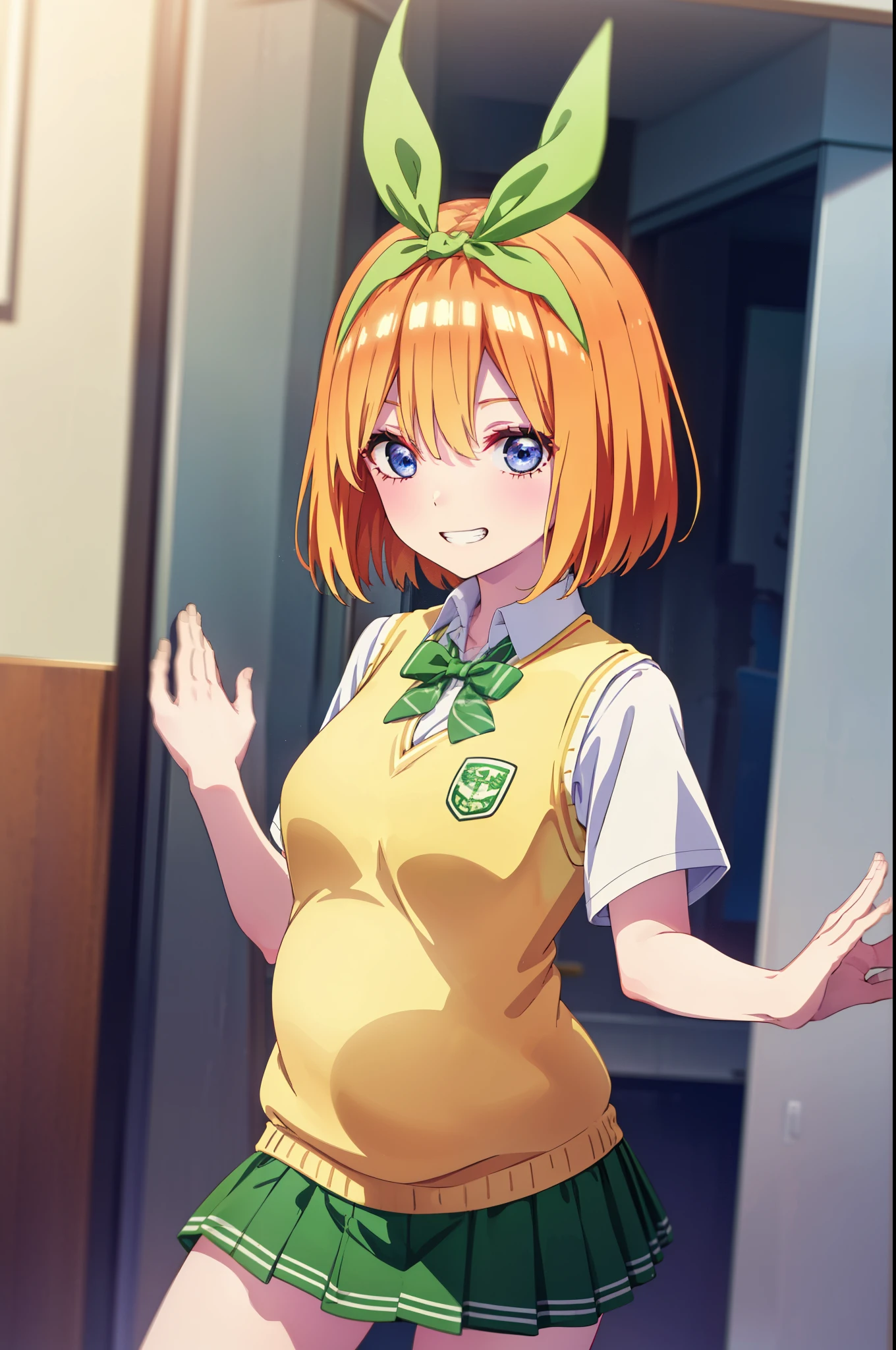 yotsubanakano, yotsuba nakano, bangs, short hair, blue eyes, Hair between the eyes, hair ribbon, hair band, Orange Hair, (green ribbon:1.5), smile, Grin,During pregnancy, childbirth, work, During pregnancyのお腹を抱きしめる,
break skirt, shirt, bow, ribbon, , white shirt, Short sleeve, Pleated skirt, shoes, shoes下, collared shirt, mini skirt, bowtie, Black footwear, Knee-high, Green Skirt, black shoes下, loafers, green bow, Sweater vest, green ribbon, (yellow Sweater vest:1.5),
break indoors, classroom,
break looking at viewer, (Cowboy Shot:1.5),
break (masterpiece:1.2), highest quality, High resolution, unity 8k wallpaper, (figure:0.8), (Beautiful fine details:1.6), Highly detailed face, Perfect lighting, Highly detailed CG, (Perfect hands, Perfect Anatomy),