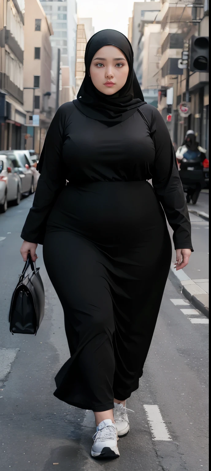Milky white skin woman in black dress and hijab walking down the street, , hijab outfit, , hijab fashion model, plus size, plus size woman, , woman in black robes, beautiful woman, thicc, black outfit,, bbwchan , white sneakers , Height 170 cm, beautiful woman, with a beautiful appearance, a very beautiful masterpiece, a masterpiece of art, good lighting, Bright colors, Clean lines