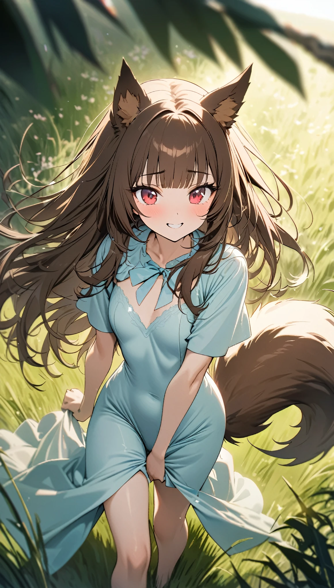 best quality, super fine, 16k, incredibly absurdres, extremely detailed, delicate and dynamic, cute wolf beast girl, ruby-red eyes, brown ears, straight brown hair, blunt bangs, big fluffy brown tail, captivating look, aroused expression, slender, wearing ivory one-piece dress and navy blue long robe, smiling and frolicking in the grassland, gentle effects of sparkling pastel colors, cute images with a delicate and gentle touch