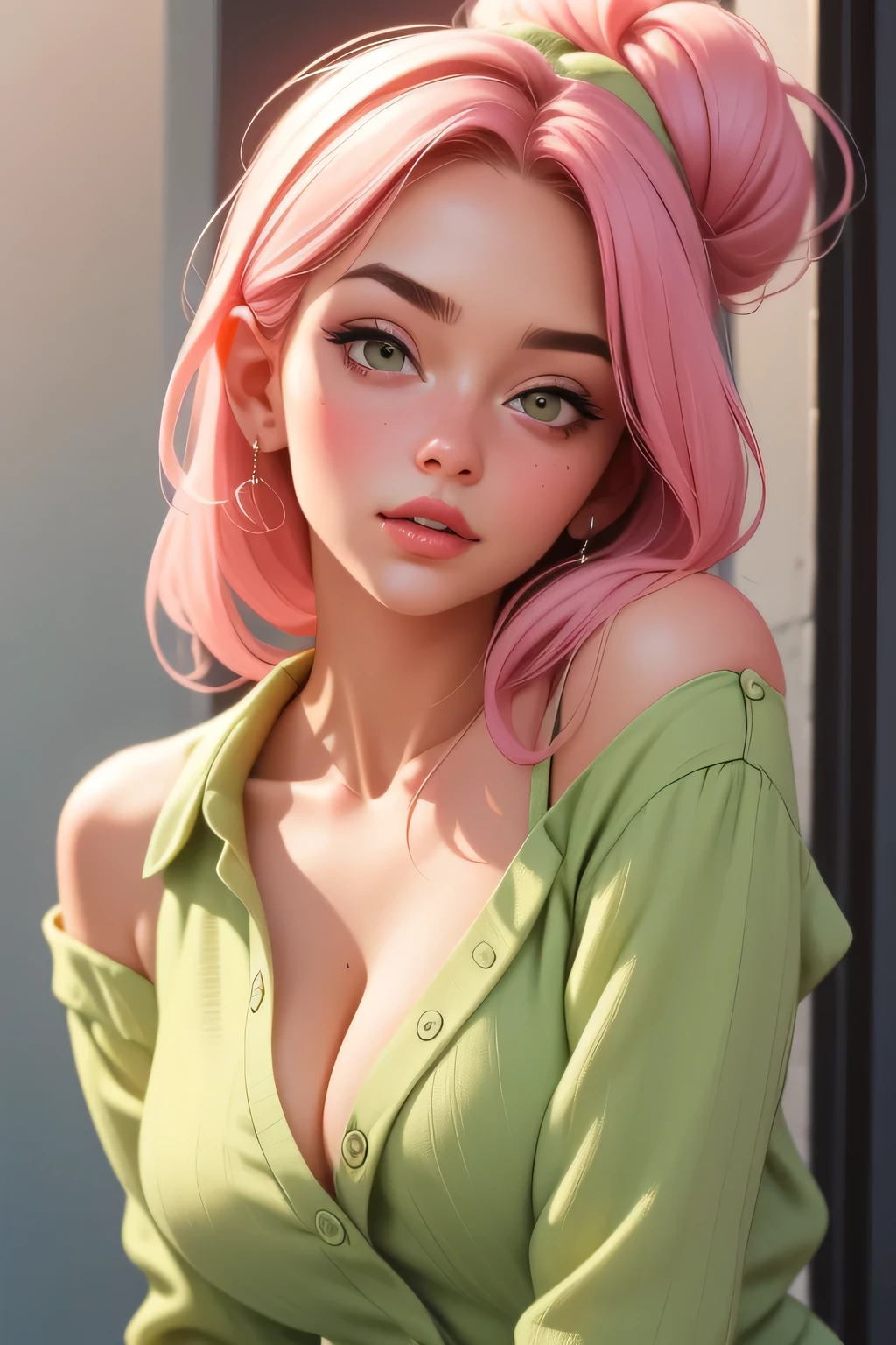 Amazing portait of a hot woman who is your next door neighbour who just moved in and she fell in love with you at first sight her hair is tied in a messy bun her eyes are seductive especially because of the smokey eyeliner deep blush across her face as she notices you and her soft pink glossy lips parted slightly she's wearing an off shoulder checked olive green shirt that is unbuttoned and oversized which shows off her medium chest with a cleavage