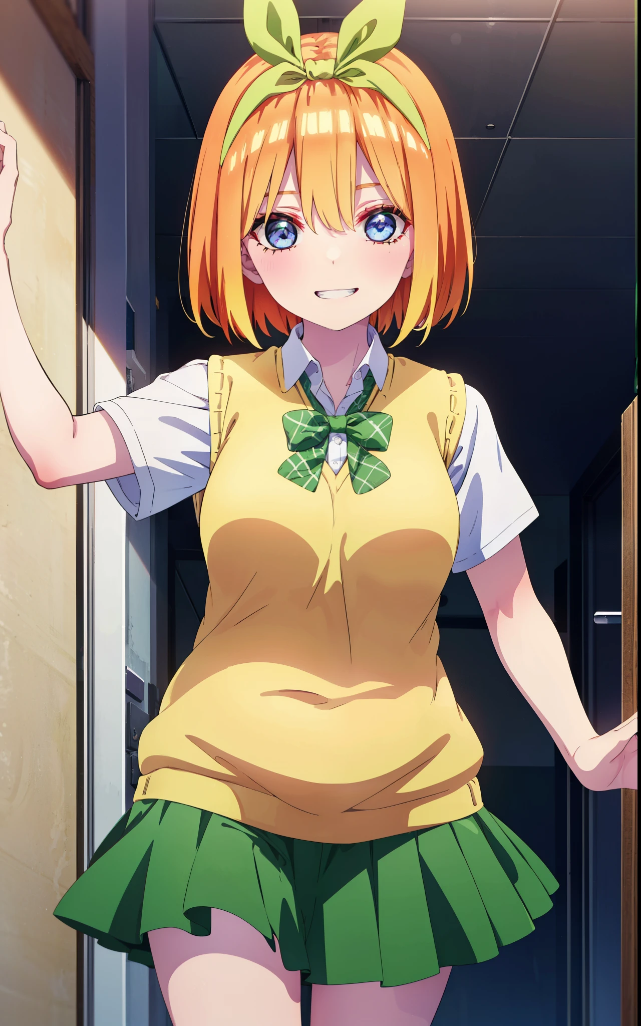 yotsubanakano, yotsuba nakano, bangs, short hair, blue eyes, Hair between the eyes, hair ribbon, hair band, Orange Hair, (green ribbon:1.5), smile, Grin,During pregnancy, childbirth, work, During pregnancyのお腹を抱きしめる,
break skirt, shirt, bow, ribbon, , white shirt, Short sleeve, Pleated skirt, shoes, shoes下, collared shirt, mini skirt, bowtie, Black footwear, Knee-high, Green Skirt, black shoes下, loafers, green bow, Sweater vest, green ribbon, (yellow Sweater vest:1.5),
break indoors, room,
break looking at viewer, (Cowboy Shot:1.5),
break (masterpiece:1.2), highest quality, High resolution, unity 8k wallpaper, (figure:0.8), (Beautiful fine details:1.6), Highly detailed face, Perfect lighting, Highly detailed CG, (Perfect hands, Perfect Anatomy),