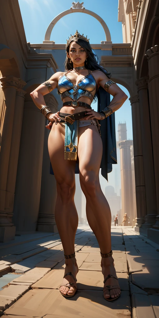 full body, whole body. loincloth standing, hands on hips full body, 1solo (girl). slave fighter, metal sandals, choker, big belt, view from below, feet together, bracers, tiara