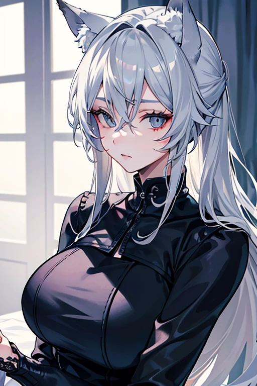 best qualtiy,tmasterpiece,The is very detailed,4K,Gray hair and shallow eyes,Drag cool expressions,Wolf ears,Erect scar on the left eye,British style,1girl,Absolutely beautiful, big bust
