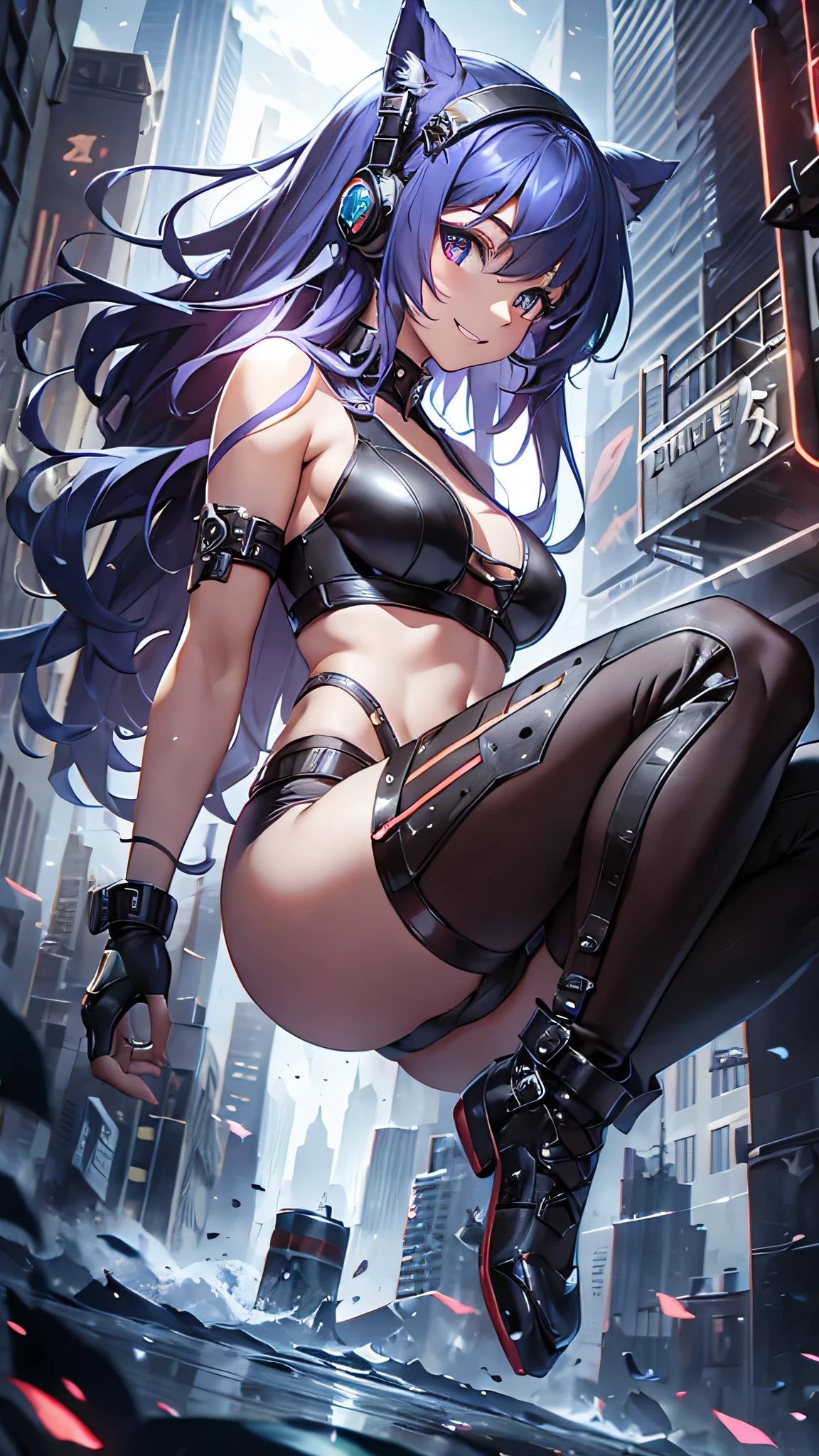 Highest quality、Highest quality、Masterpiece、girl((half、18-year-old、as soon as、Highest Bust、Medium Bust、Wide open chest、Red glowing eyes、Black Ear、Red Mesh、Disheveled Hair、Loincloth、thin、The best valley、Open chest、hair ornaments、Full body view、pants、Sports Bra、Random Pause、smile、headphone))、high quality、Beautiful Art、background((Collapsing Ground、no gravity、Floating Object、City of night、shooting star))、flight、Flying Debris、Depth of text、movie、Visual Arts、Perfect Art、8K、Genuine、Special Angles