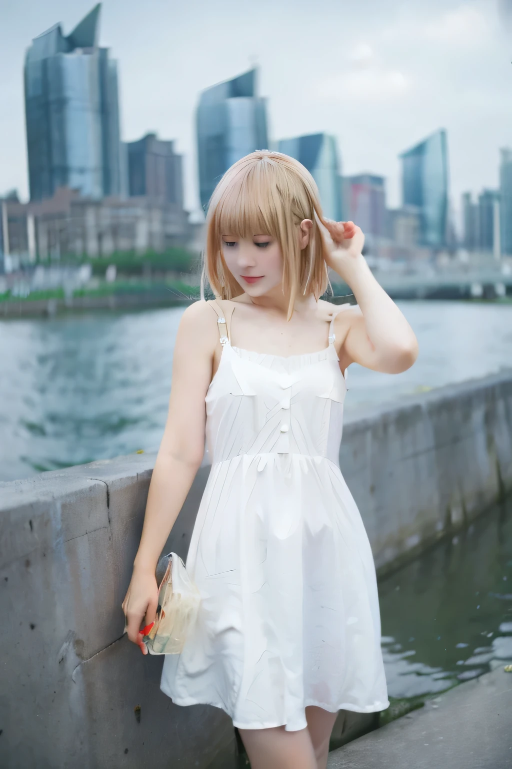 There is a woman standing on the concrete., Wearing a summer dress, wearing Sundress, Sundress, wearing a flowing Sundress, wearing a white Sundress, wearing a Sundress, Wearing a Sundress, Low Cut Dress, white Sundress, cute in a white dress, In a wet white short dress, At the waterfront, Blonde, Foreigners, Anime Face, cute
