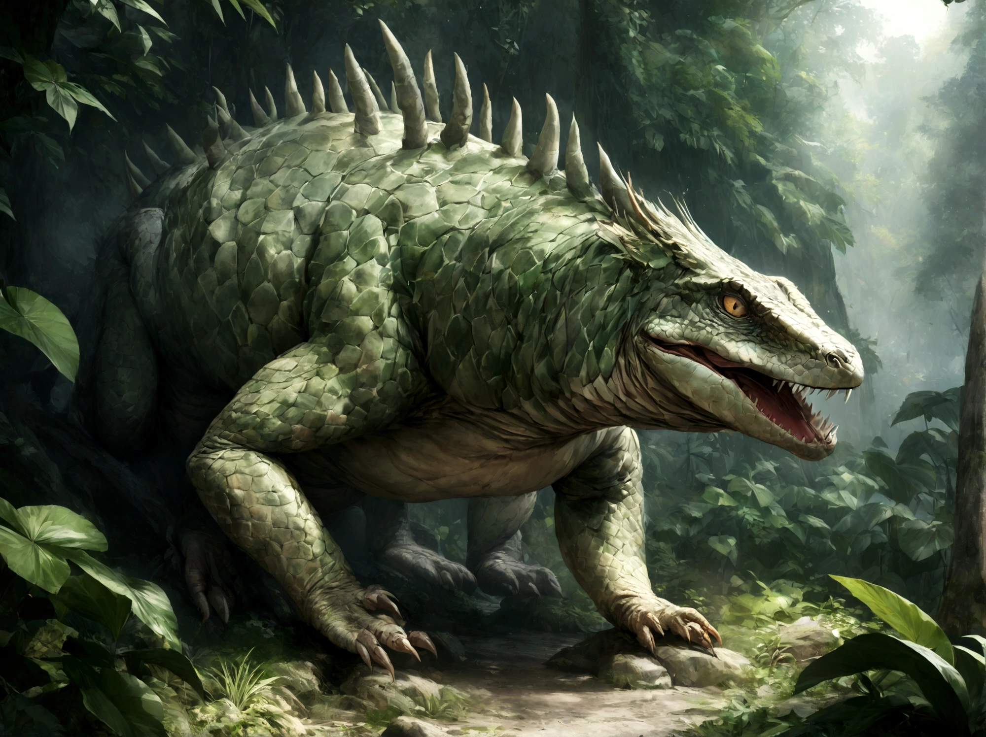 (highest quality,4K,8k,High resolution,masterpiece:1.2),Super detailed,Realistic,photoRealistic:1.37,They mainly live in the Amazon rainforest and the South African savannah.,Body length is about 7 meters,Weight: about 500 kilograms,A giant lizard covered in scales,It has sharp spines on its back,Food: Prey on small mammals,Sometimes they attack larger animals,The body contains powerful toxins,A single bite can cause paralysis,Nocturnal,During the day, they hide in the shade of rocks or in bushes.,Fatal,toxic,Sharp Scales,Shine,dark,Hidden Treasure,Sharp Eye,Staring into your soul,Ancient Creatures,A fascinating scene,Fantasy-like,Mythical Beings,Otherworldly Habitats,Secrets of the abyss,Invisible Predator,Unlucky,An unforgettable presence,spine-chilling,Awe-inspiring,The power of mythology,The amazing creations of nature,Silence and mystery intertwine,Subtle details,Evoke a sense of wonder and awe,The Lost World,Amazing natural art,Intertwined with nature,A fascinating dance of life and death,Unleash your primal instincts,stir deep emotions,Unforgettable encounters.