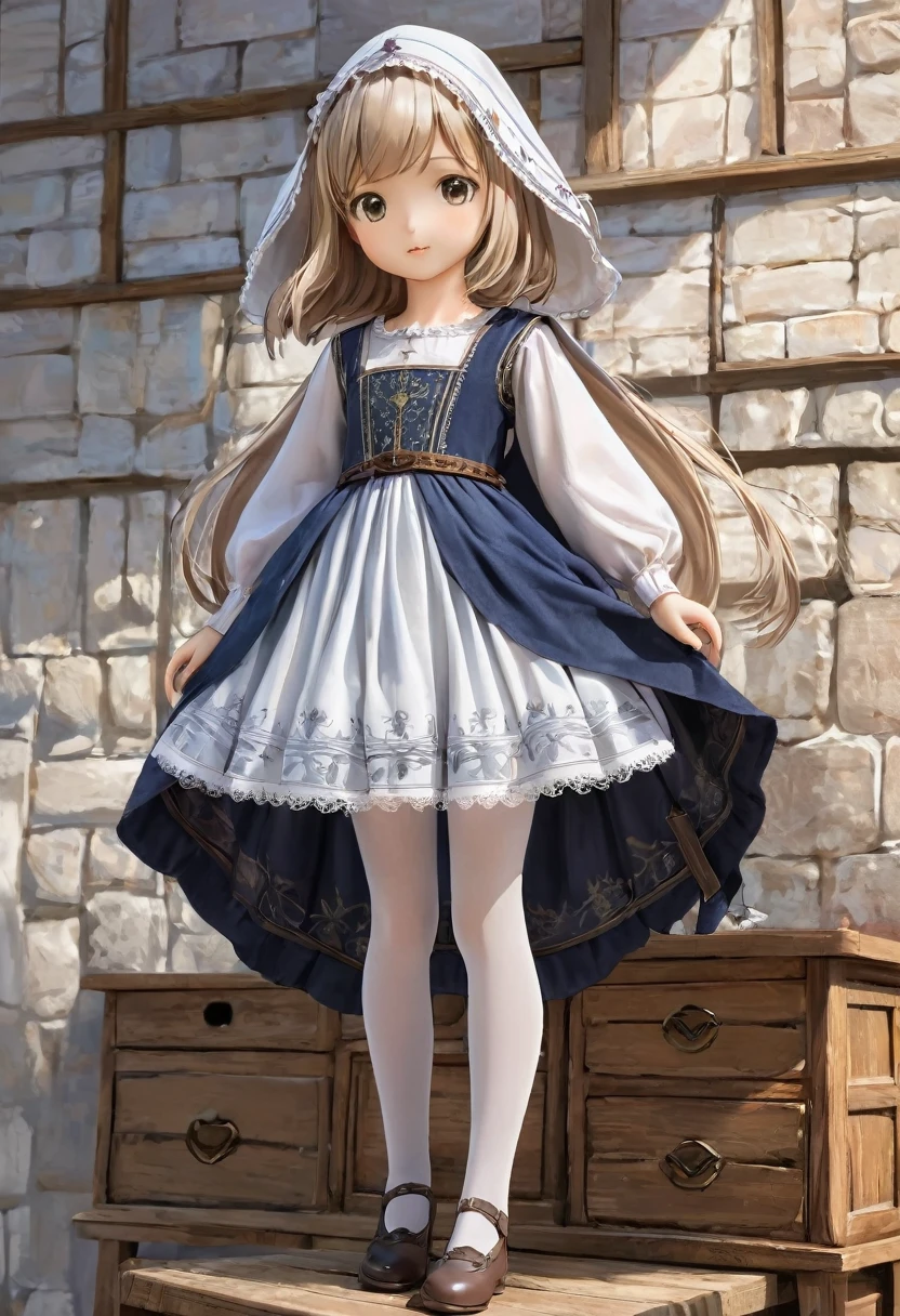 10 year old girl underwear, Realistic panties made of patterned cotton fabric, Medieval one-piece dress with panniers, Fabric Realism, Low Angle, You can see the drawer, Pull up the dress by hand, Strong winds, Translucent slip, Translucent slip, tights, highest quality, Crotch close-up, whole body, Skirt lining
