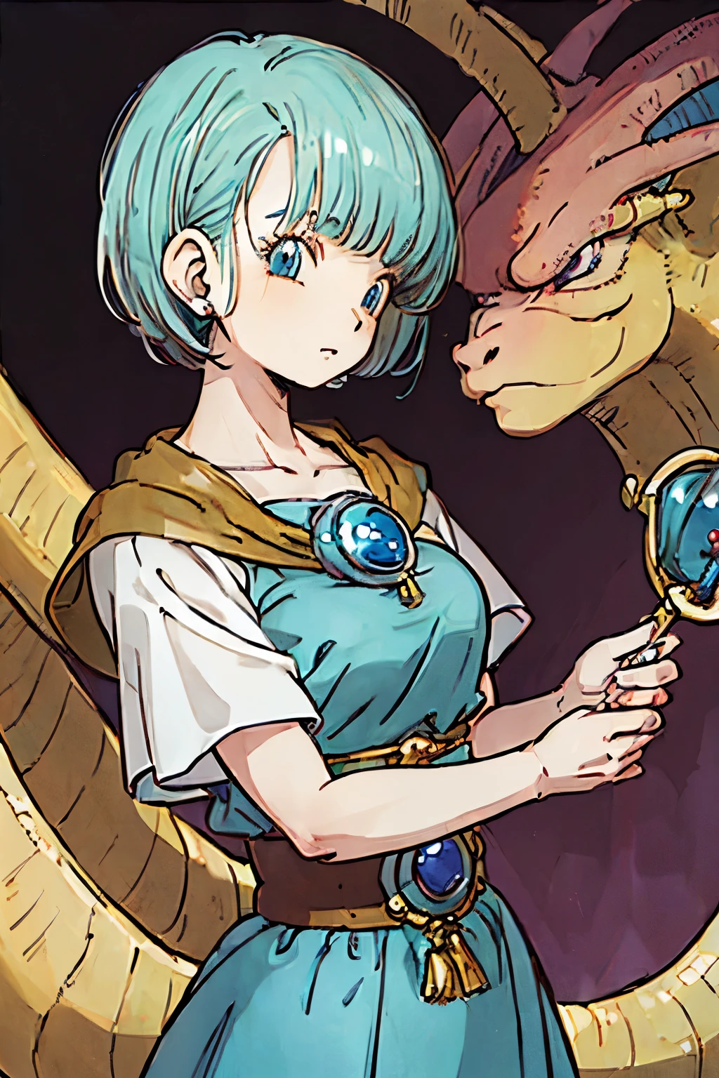 ((One woman:1.6)), high quality, ((gentle expression: 1.5)), short hair, straight bangs, light blue eyes,, upper body visible, Dragon Quest Wizard, no background, wand, looking at viewer