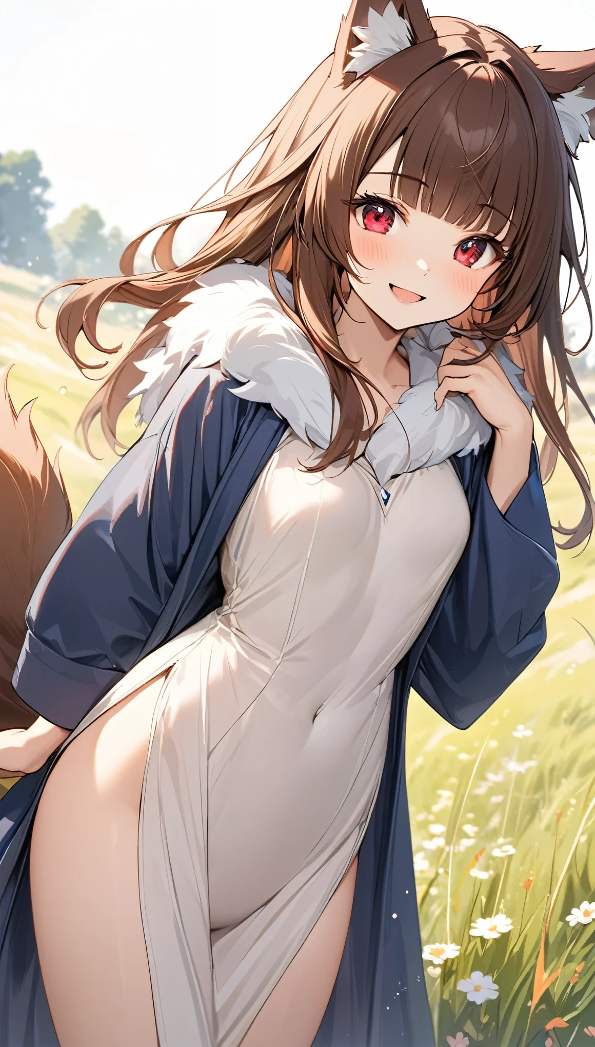 best quality, super fine, 16k, incredibly absurdres, extremely detailed, delicate and dynamic, cute wolf beast girl, ruby-red eyes, brown ears, straight brown hair, blunt bangs, big fluffy brown tail, captivating look, aroused expression, slender, wearing ivory one-piece dress and navy blue long robe, smiling and frolicking in the grassland, gentle effects of sparkling pastel colors, cute images with a delicate and gentle touch