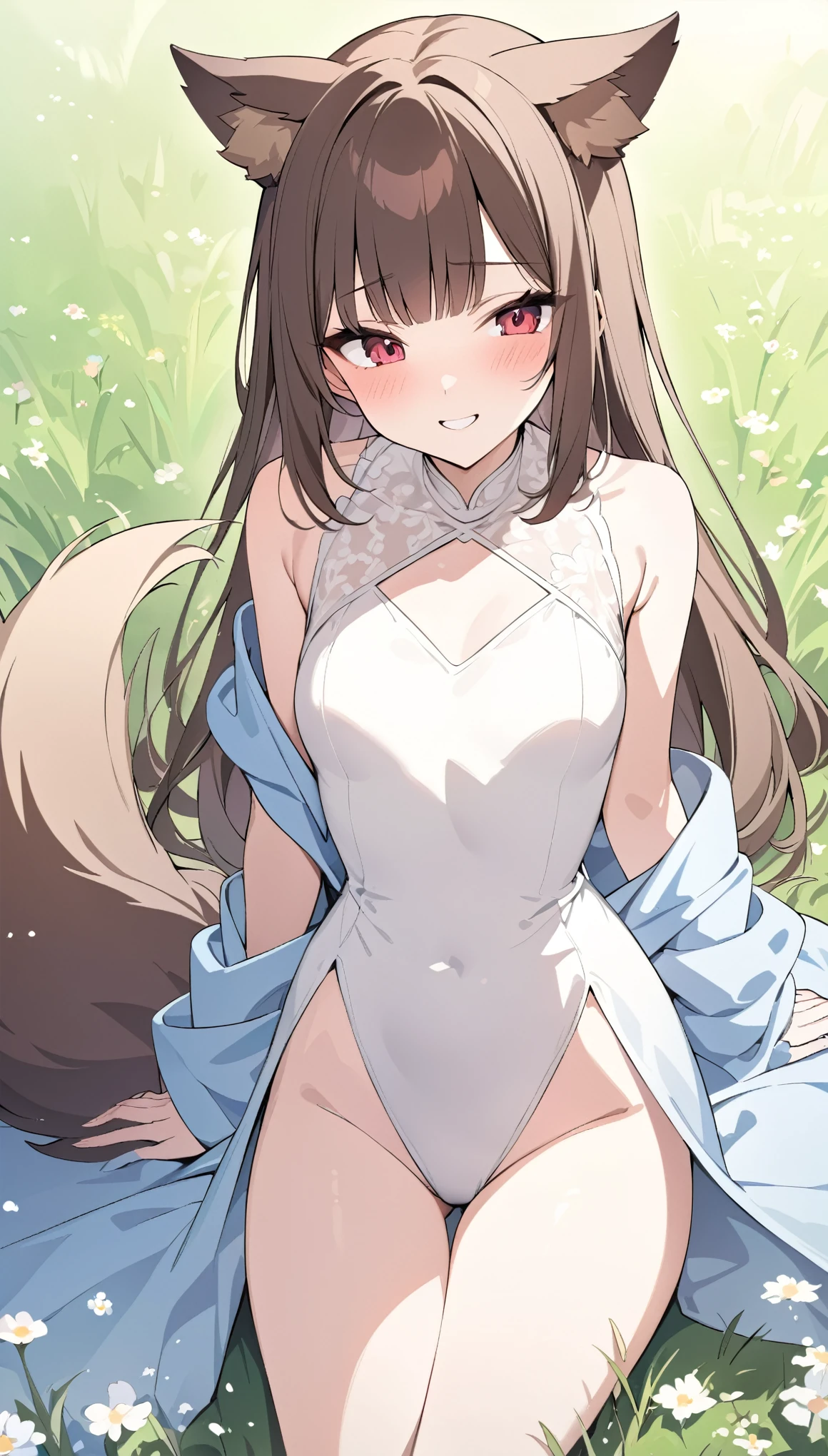 best quality, super fine, 16k, incredibly absurdres, extremely detailed, delicate and dynamic, cute wolf beast girl, ruby-red eyes, brown ears, straight brown hair, blunt bangs, big fluffy brown tail, captivating look, aroused expression, slender, wearing ivory one-piece dress and navy blue long robe, smiling and frolicking in the grassland, gentle effects of sparkling pastel colors, cute images with a delicate and gentle touch