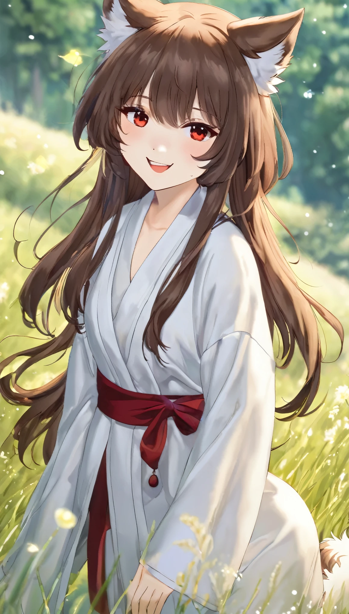 best quality, super fine, 16k, incredibly absurdres, extremely detailed, delicate and dynamic, cute wolf beast girl, ruby-red eyes, brown ears, straight brown hair, blunt bangs, big fluffy brown tail, captivating look, aroused expression, slender, wearing ivory one-piece dress and navy blue long robe, smiling and frolicking in the grassland, gentle effects of sparkling pastel colors, cute images with a delicate and gentle touch