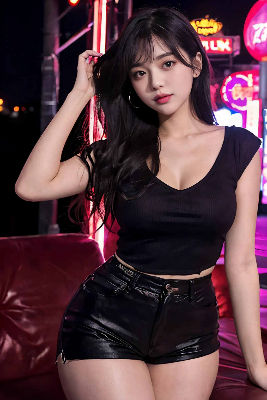 photorealistic, high resolution, soft lights, 1women, 25 years old, solo, hips up, blue eyes, vlack hair, long hair, jewelry, tattoo, open up unzipped off shoulder streetwear blouse, korean thailand mixed sexy super model, sexy body with sexy cleavage , inside an empty modern night club