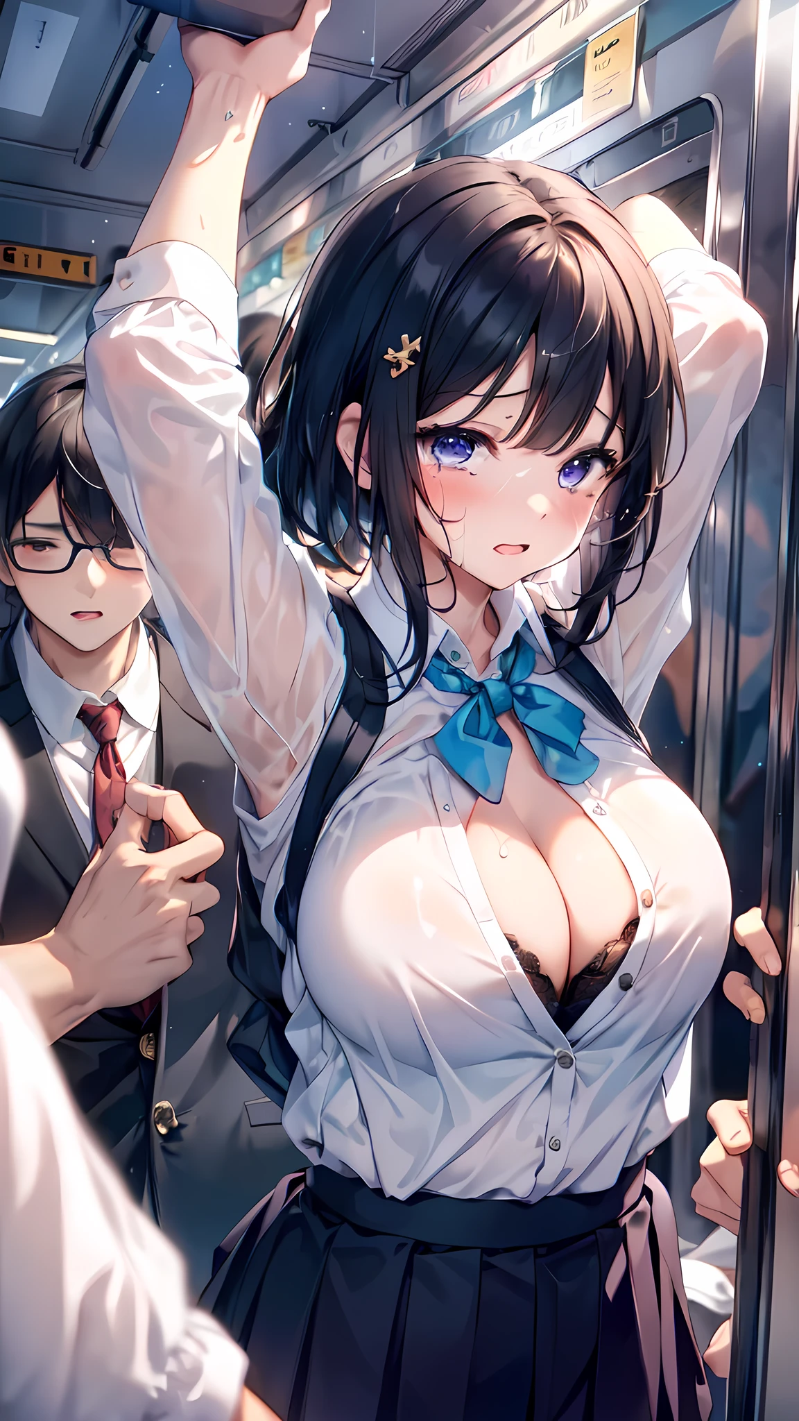 (Ultra-high resolution of the highest quality, masutepiece, Best Quality, 8K, Super Detail, Best Quality:1.3), (Anatomically correct:1.2), (dynamic angle:1.1), (group of gentlemen touch the girl's body:1.8), (in crowded train:1.8), (solo), (1 girl), (middle breasts), (drooping eyes:1.3), (blush cheek, blush body:1.6), short hair, (black hair), (school uniform, navy blue pleated skirt, short sleeved white blouse, unbutton blouse all button:1.8), (white lace bra:1.6), front view, Extremely cute, (extremely detailed beautiful face), (Hyper-realistic, Photorealsitic:1.4), Authentic skin texture, beautiful hair, beautiful face, beautiful eyes, beautiful body, beautiful hands, erect nipples, (orgasm:1.6), (sexual aroused:1.6), (clothed:1.8), (crying:1.6), (face focus,breasts cleavage focus, white lace bra focus:1.6), (looking up:1.2), (from above:1.2), (standing), (arms up:1.2), (multiple hands:1.6)