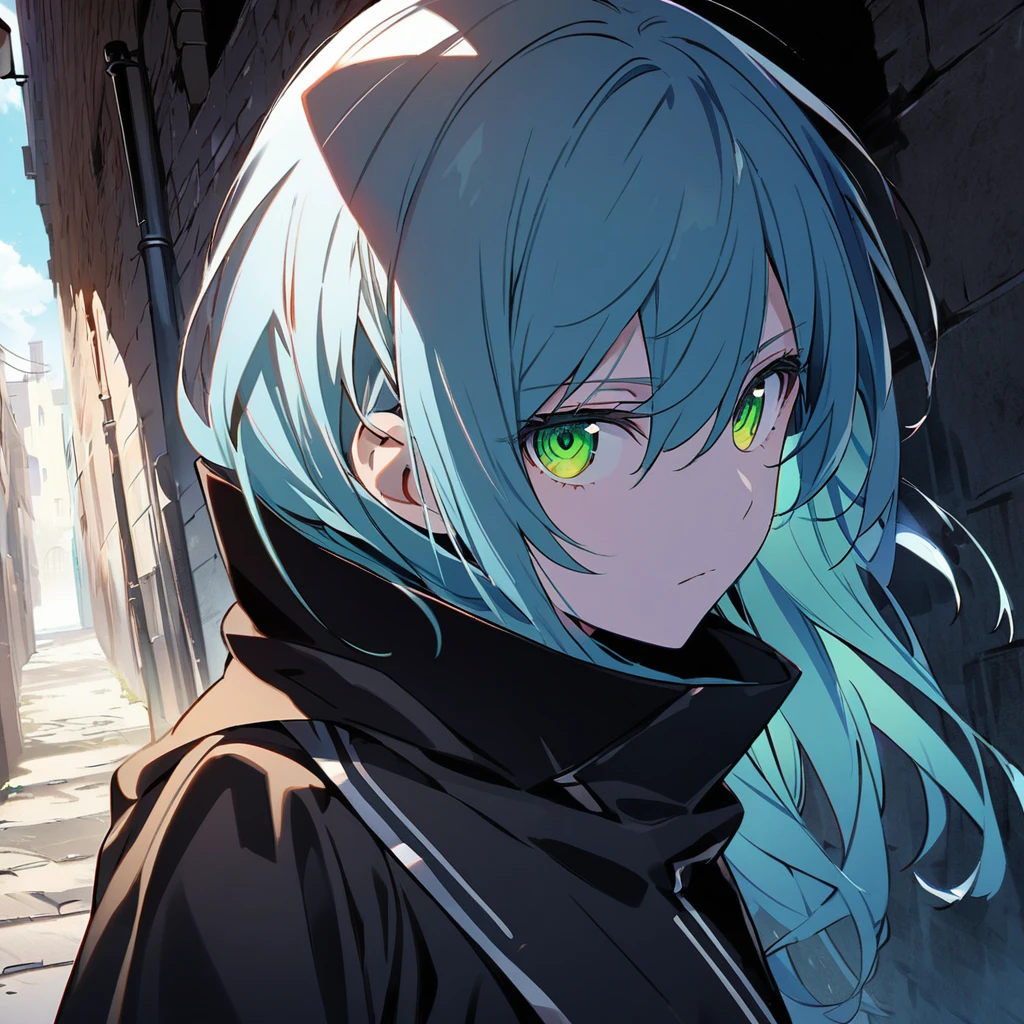 Rimuru Tempest \(AKB0048 Next Stage\), (light blue hair), (sharp green eyes):1.2, black assassin costume, bangs, expressionless, ((ultra-detailed)), ((illustration)), ((neat hair)), (beautiful detailed eyes), male, 1boy, stalking, ((shadowed alleyway)), looking at viewer