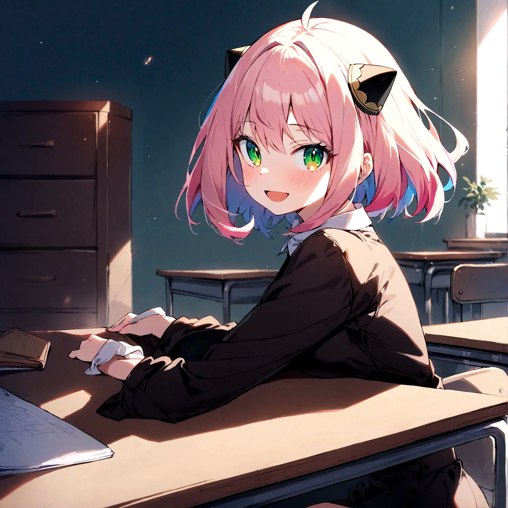 solo, 1girl, Anya forger/(spy x family/), masterpiece, best quality, very aesthetic, absurdres, pink hair, green eyes, short hair, black dress, collared shirt, smile, open mouth, looking at viewer, from side, sitting, desk, table, hair ornament