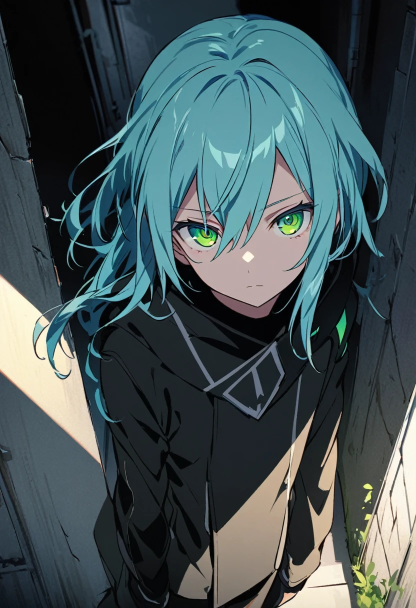 Rimuru Tempest \(AKB0048 Next Stage\), (light blue hair), (sharp green eyes):1.2, black assassin costume, bangs, expressionless, ((ultra-detailed)), ((illustration)), ((neat hair)), (beautiful detailed eyes), male, 1boy, stalking, ((shadowed alleyway)), looking at viewer
