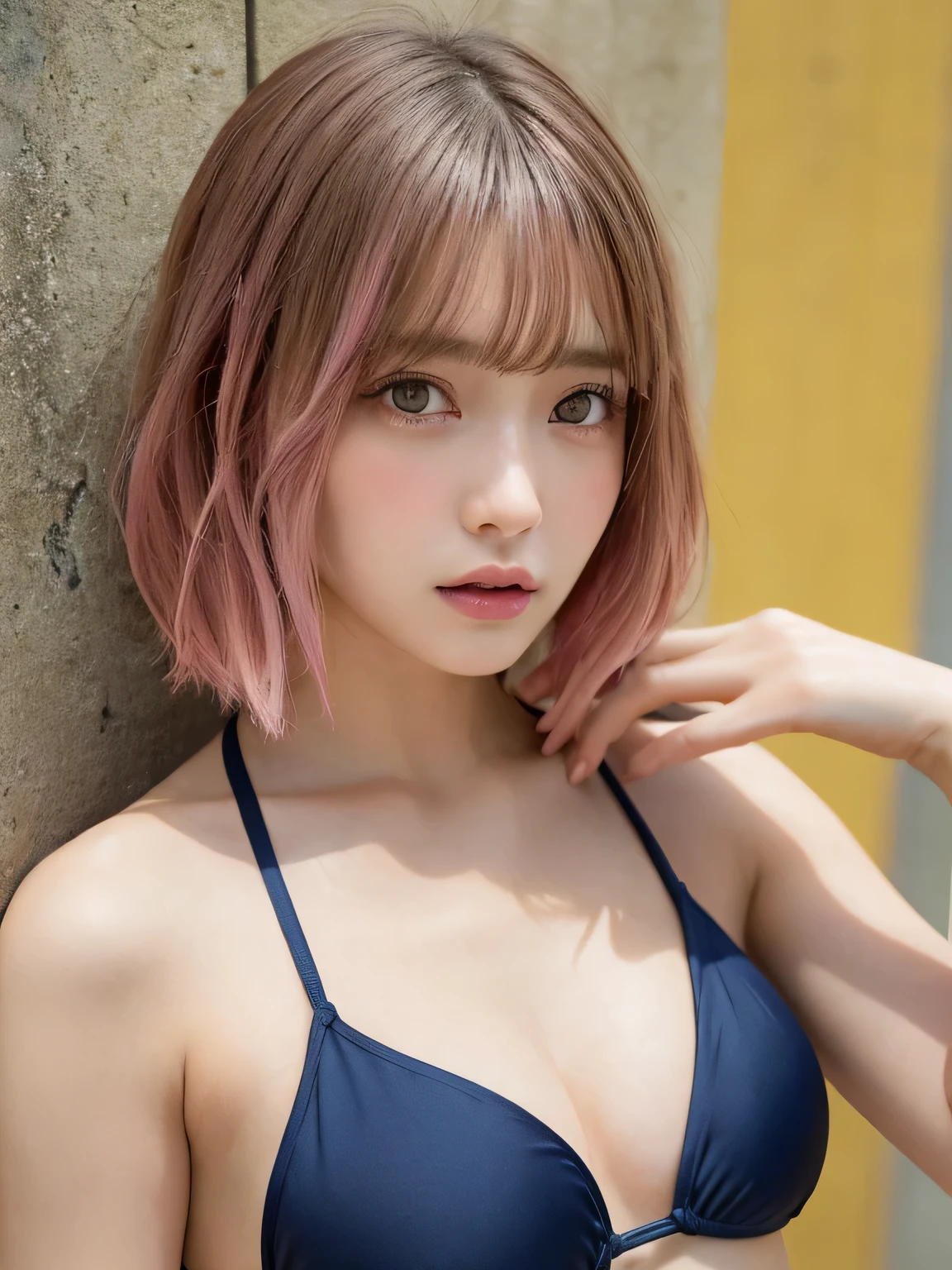 Pieces fly, highest quality, Very detailed, Fine details, High resolution, 8k,Perfect dynamic composition, Beautiful fine details, Navy blue bikini swimsuit、,Short Bob Hair、Pink Hair Color,Big Natural Color Lip, Bold sexy pose,Crying face、Cold Stare,、Cute type、Lolita、Good Eyesle body,Yellow wall