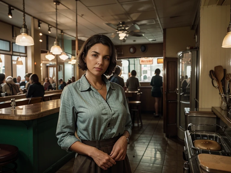 A middle-aged woman standing behind an old-fashioned cash register in a vintage diner, slightly cluttered counters and booths, nostalgic atmosphere, (best quality,4k,8k,highres,masterpiece:1.2),ultra-detailed,(realistic,photorealistic,photo-realistic:1.37),detailed wrinkles,warm lighting,classic diner decor,chrome fixtures,tiled floors,nostalgic,cinematic,muted colors,atmospheric, no words