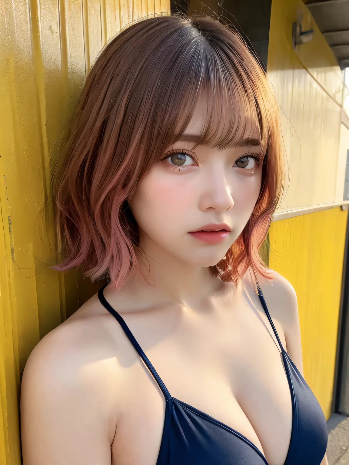 Pieces fly, highest quality, Very detailed, Fine details, High resolution, 8k,Perfect dynamic composition, Beautiful fine details, Navy blue bikini swimsuit、,Short Bob Hair、Pink Hair Color,Big Natural Color Lip, Bold sexy pose,Crying face、Cold Stare,-yeld giCute type、Lolita、Good Eyes、whole body,Yellow wall