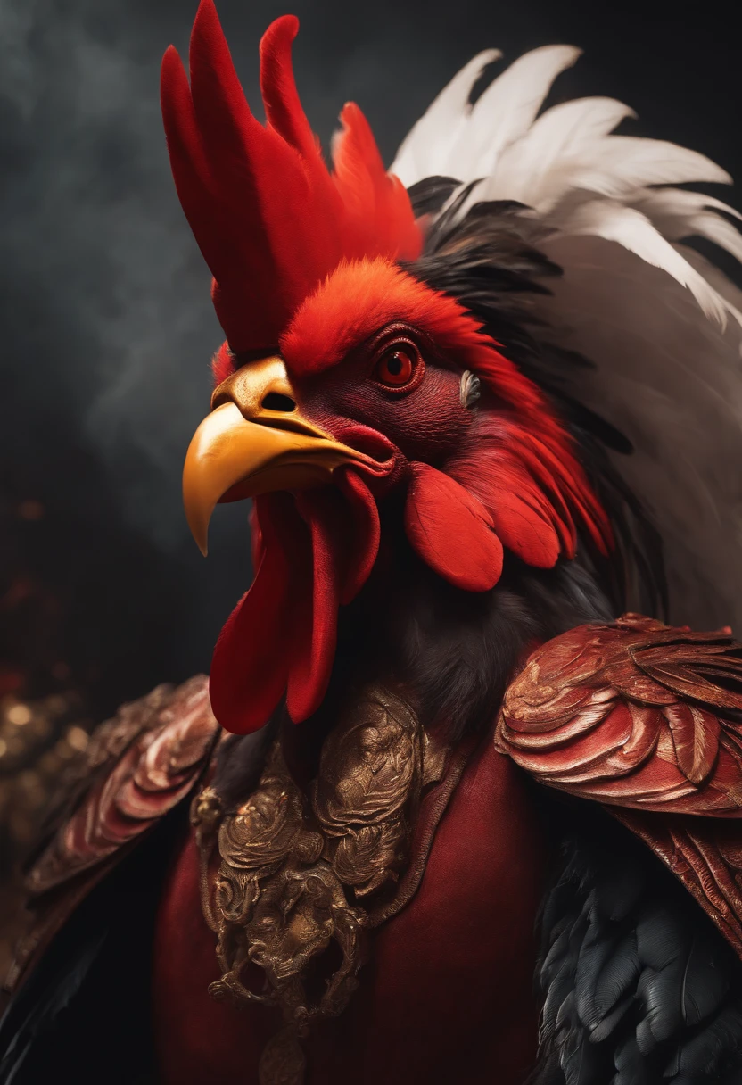 Rooster,angry,fire,muscle,hell,devil ,Japanese mythology, Create a Tengu, red mask, long nose, feather hats, 8k, ultra realism, cinematic