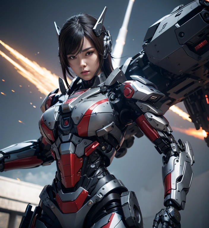 Textured skin, Super Detail, high details, High quality, Best Quality, hight resolution, 1080p, hard disk, beautiful,(War Machine),(Rocket Missile),Beautiful Cyborg Woman,Mecha Cyborg Girl,Battle Mode,Girl with a mecha body,A powerful cyborg woman, sleek and futuristic, with advanced mechanical augmentations that enhance her strength and capabilities.