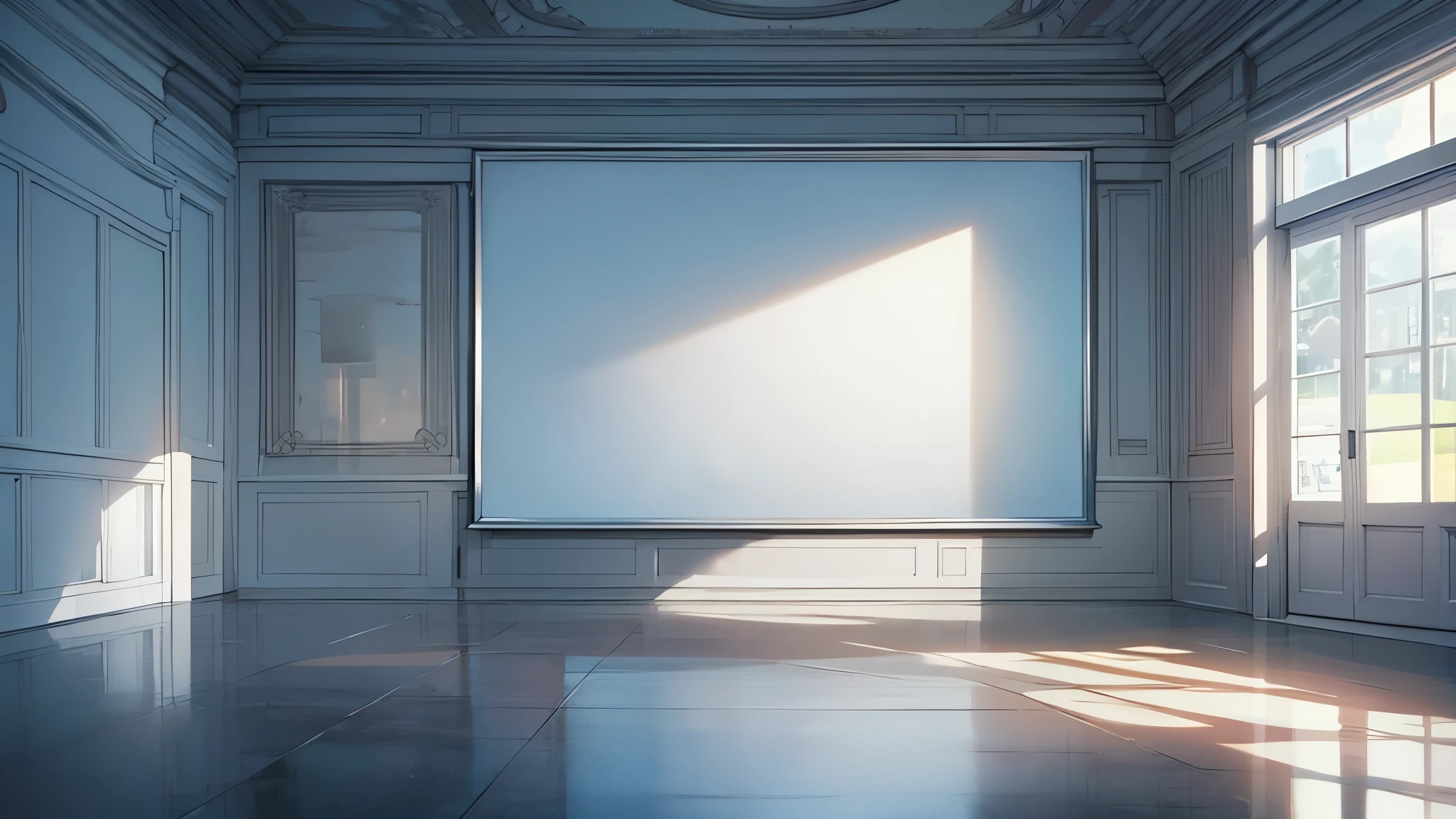 White wall、A large painting hangs in a gorgeous white frame.、The side is white wall、The picture is rectangular and displays half of the screen.