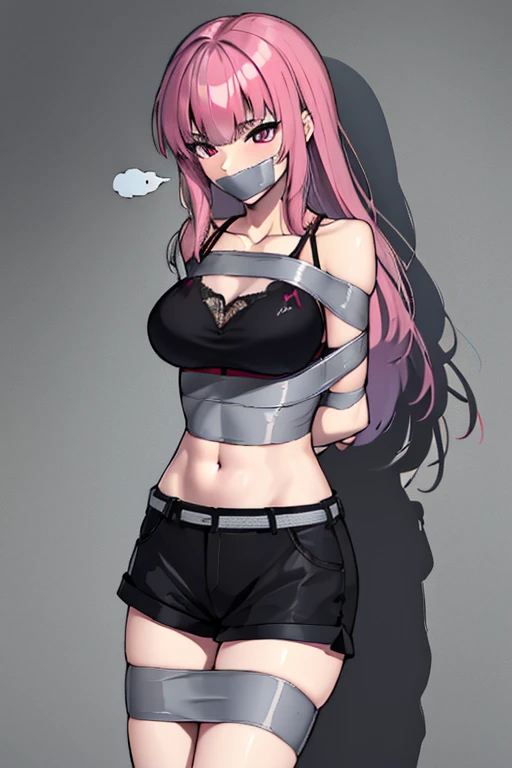 (absurdres, 8k, 4k, masterpiece, hyper extreme detailed:1.2), solo, 1girl, front view, portrait, best quality, perfect face, 1girl, portrait, solo, standing, Female, toned body, mature female, EJP breasts, , long hair, delinquent, sarcastic, swept bangs, midriff, exposed collarbone, exposed left shoulder, standing up, half body, shorts, bound, bondage, (arms behind back:1.4), bdsm, tape gag, tape, tape bondage, restrained, tape wrapped, wrap gag, bondage, taped wrists, taped breasts, taped mouth, taped elbows, taped forearms