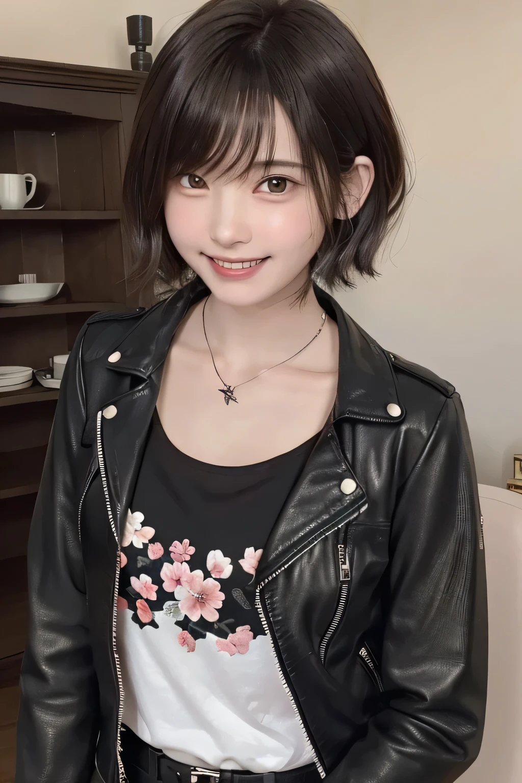 05 ((short hair)), 20-year-old female, Surrealism, Flower Smile、Gums are visible、Beautiful teeth alignment、Black Hair、ear piercing、Necklace around the neck、leather jacket、shirt、Smiling with teeth showing、The background is in the room、