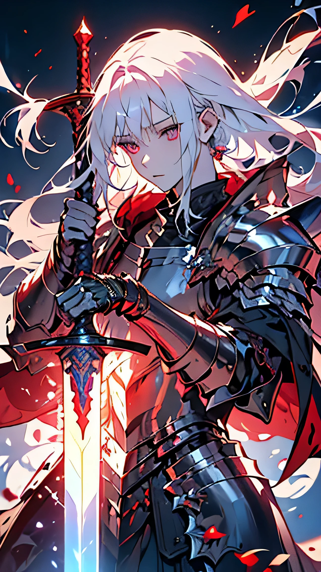 ((best quality)), ((masterpiece)), (detailed), perfect face, white skin, white hair, long hair, albino male, knight, black great sword, big sword, red armor, luxurious armor, fantasy, Fantastic light, world of swords and magic, detailed hands, Gloomy expression, A magic swordsman with great magical powers hidden within, Long white hair blowing in the wind, textured skin, high quality, highres, 8k, reflection light, ray tracing