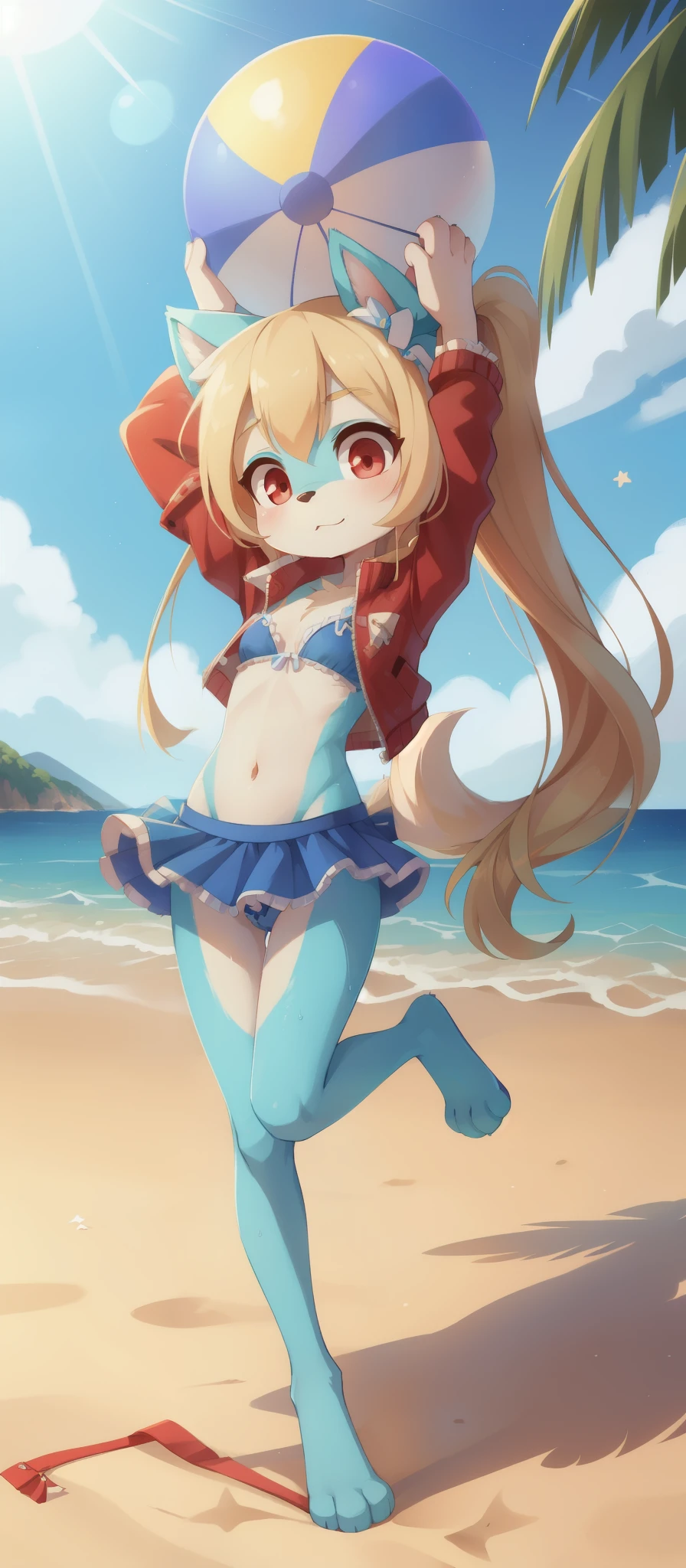 Furry girl, young, dog, long ponytail, blonde hair, red eyes, small breasts, detailed body fur, ((stars hairpin, small jacket, open clothes, frilly blue bikini, frilly blue skirt)), masterpiece, looking at you, (two tone body fur, turquoise body fur, clear turquoise body fur), detailed face, big eyebrows, detailed eyes, detailed body, detailed hands, glistering body, skinny, floppy dog ears, perfect lighting, perfect shadows, perfect eyes, perfect hair, perfect face, gorgeous body, :3, wet body fur, full body, feets with three toes, 3 toes, beach, clear sky, beach ball,