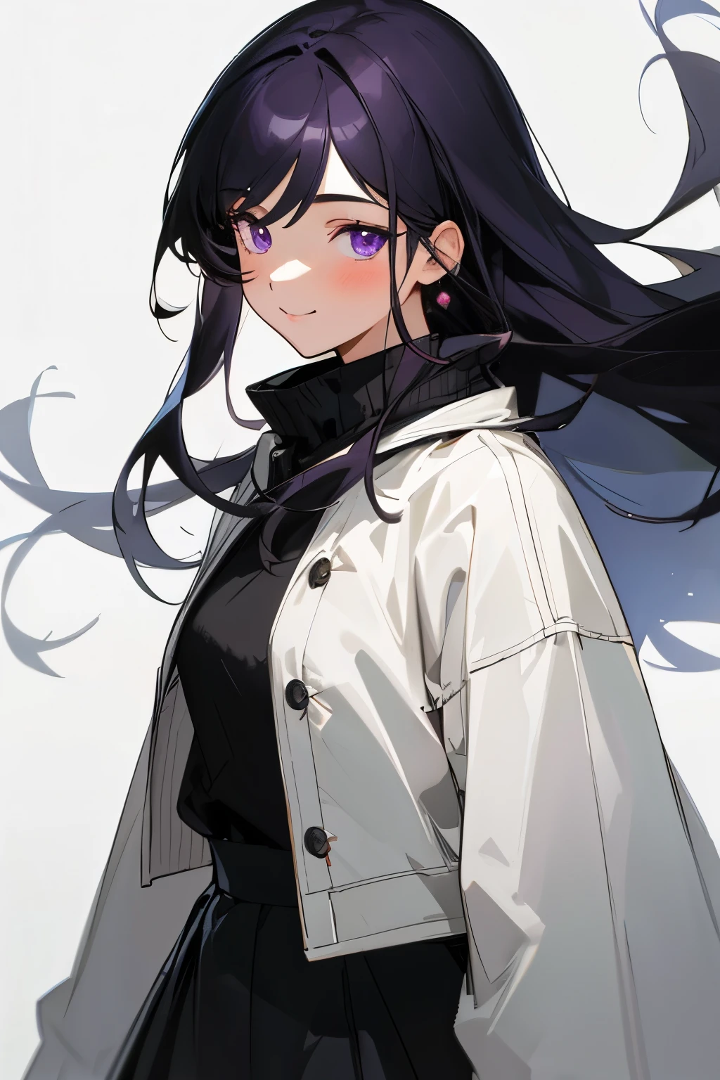 (masterpiece), ((sfw)), best quality, expressive eyes, perfect face, , (1girl,, young adult, beautiful,), solo, black long hair, purple eyes BREAK (fair skin,), cowboy shot, smile, winter wear BREAK, long skirt BREAK, standing BREAK, soft smile, :), in love, beautiful face, in love face, mature soft face, upper body shot