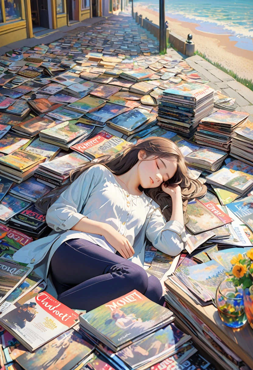 A girl sleeping surrounded by magazines,cute face,colorful,Magazines are scattered all over the place,Seaside town,Scenery from a dream,depth of field,portrait,(Claude Monet:1.4),Impressionism,leinairisme, 