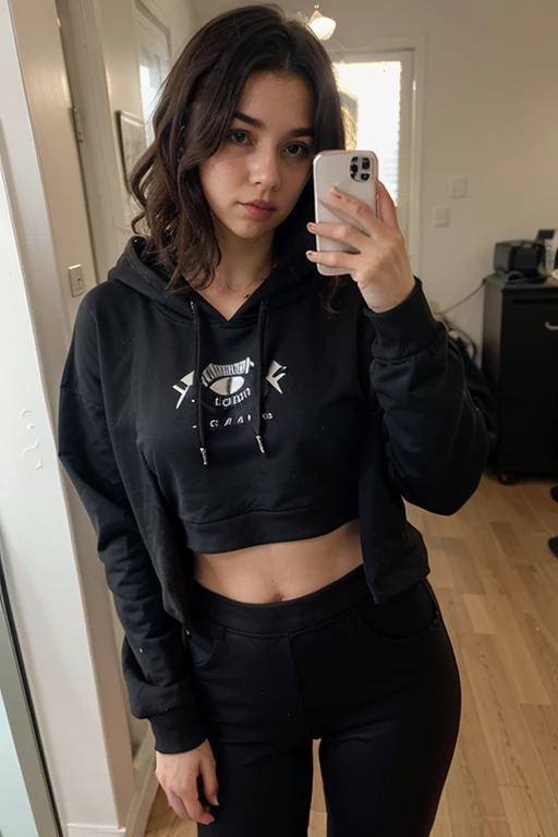 Sexy girl with long black hair in black shirt and gray joggers taking a selfie, with black mask