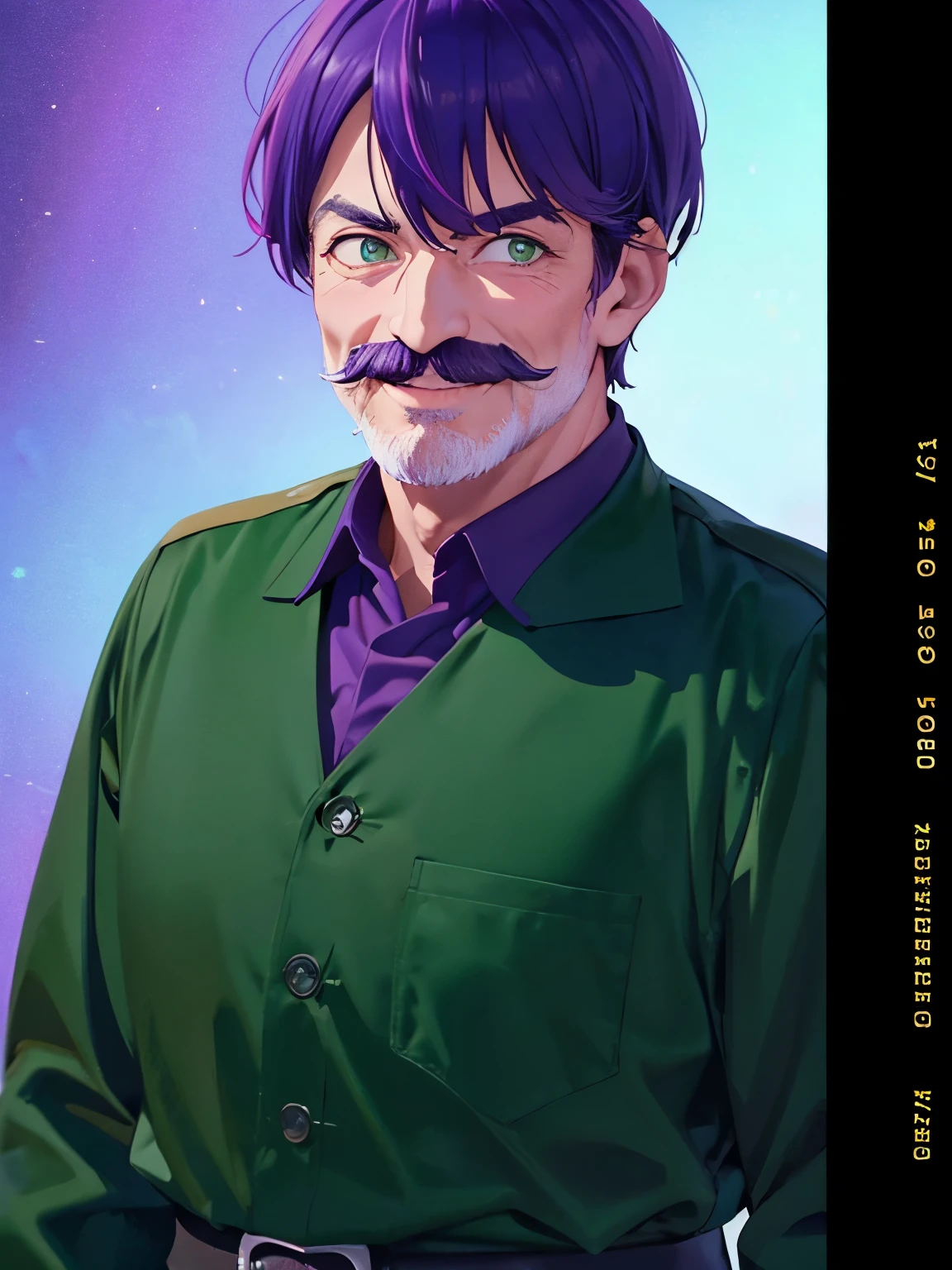 1 old man, 70 years old, short hair, smile, purple hair, green eyes, purple mustache, green army uniform,ultra detail, ultra HD, standing,Thin body,half body photo