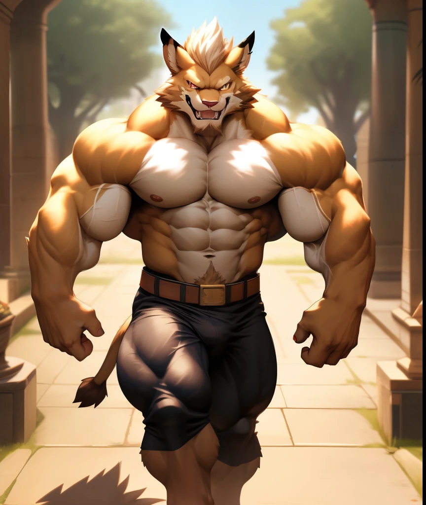 nj5furry, FRONT, (Leomon, massive, huge, young face, , bodybuilders body), Leomon, ((extremely realistic shadows, masterpiece, extremely detailed, photorealistic)), kemono, young, teen16 years)), (((BROWN FUR))) Leomon, ((detailed face)) red nose, red eyes, ((detailed eyes)), smile, mischievous smile, white teeth, mouth slightly open, red tongue, brown skin, brown fur, brown hair, height 3 meters high, the optimal height, tight clothing, body full of muscles; muscle pecs, ripped abs, V-shaped body, thick waist, long legs, strong arms manly, handsome face, attractive cool calm face type with a cold smile, topless. Ruins of a Jedi temple behind him; wears a ery tight dark brown Jedi style pants revealing huge muscular thighs and a light brown cloth belt. double biceps pose, biceps, looking at viewer.