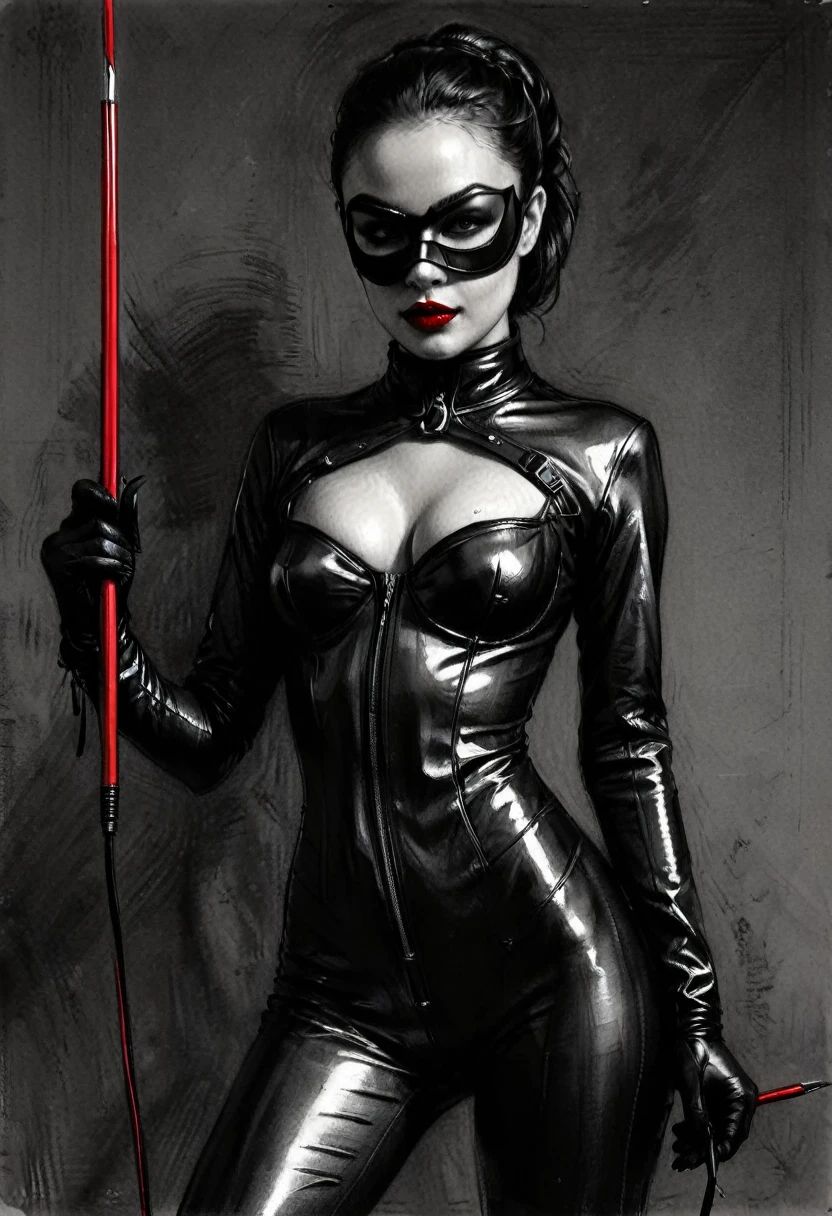 High Resolution, High Quality , Masterpiece. Sketch of a dominatrix adorned in a tight latex suit and mask, charcoal sketch with a red pen highlight, striking eyes illuminated, brandishing a long whip, anatomically precise portrayal, ambient chiaroscuro lighting creates a contrast of light and shadow, atmosphere conveys elegance and balance, textures convey pristine condition, confidence emanates from the posture, brilliance of the stance against an inspired backdrop