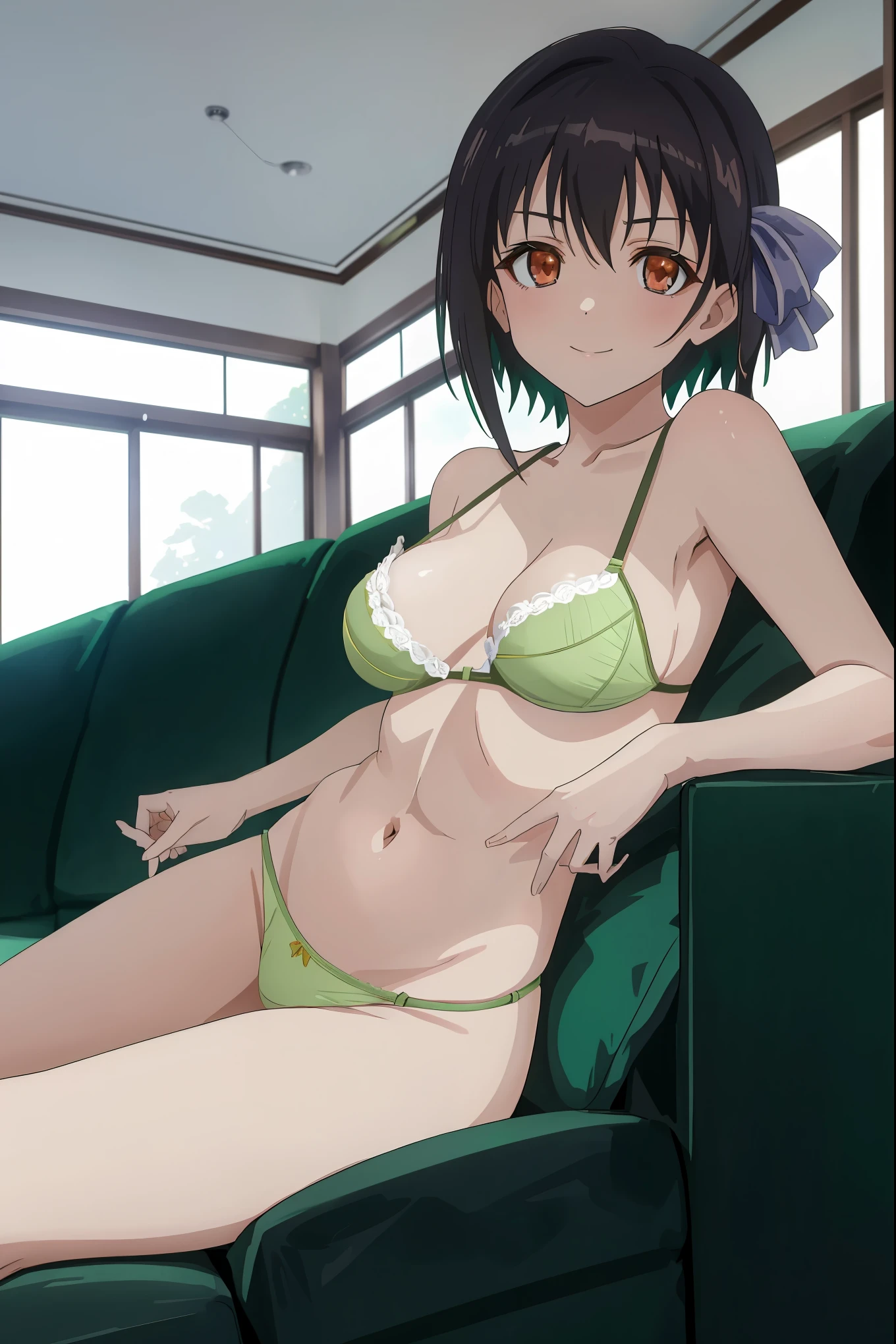 [[anime styled]],[[digitalart]],masterpiece,best quality,Tomomi_Xijing,red eyes,black hair,Short hair,Hair Ribbon,(midium build),NSFW,1girl,((sitting on the couch,reclining)),face focus,short torso,Perfect Lighting,[perfect anatomy],,((nude)),((lite green panties,)),((lite green bra)),cameltoe,relaxing,seductive smile   break background living room,couch